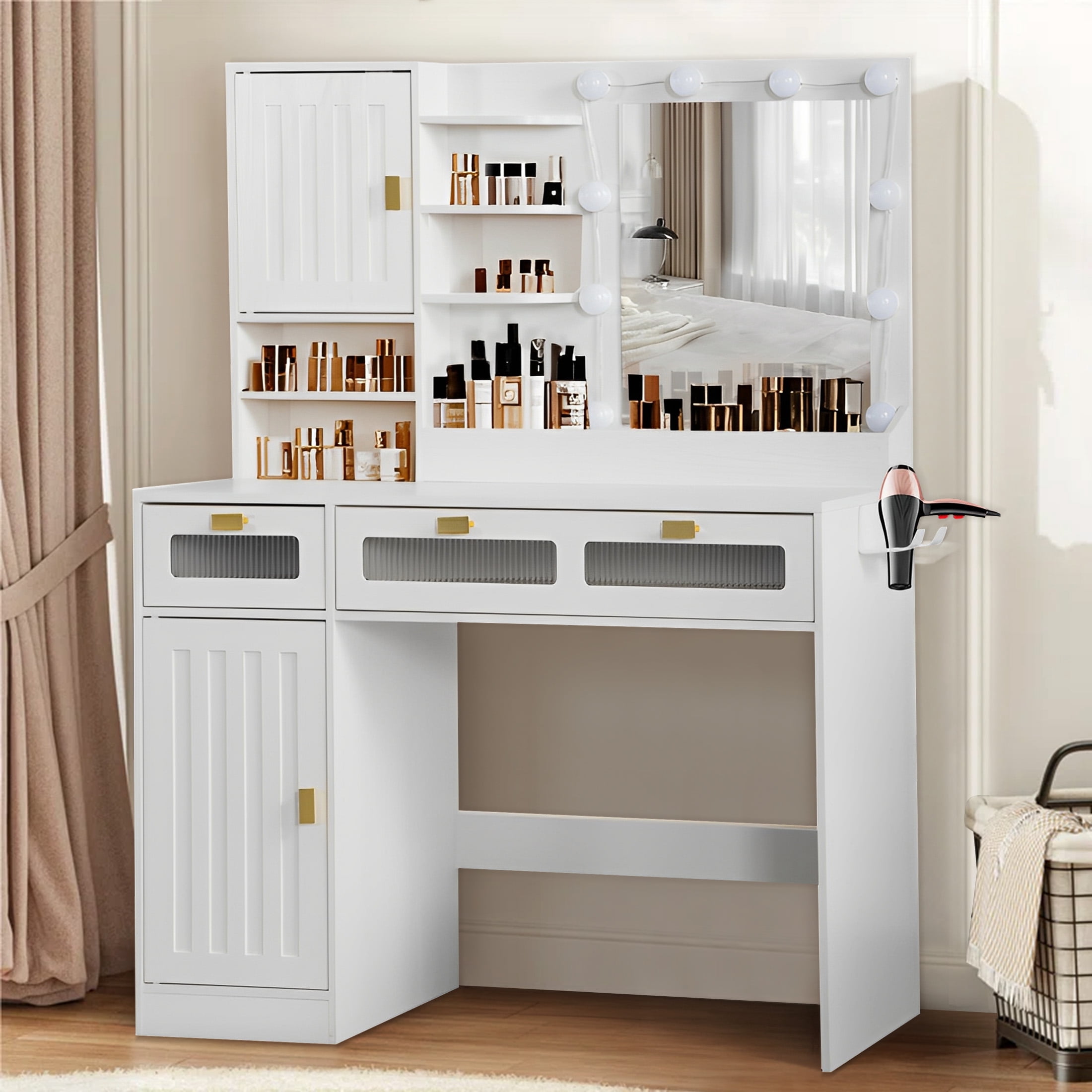 Aukfa Vanity Desk with Mirror & Hair Dryer Rack,Makeup Vanity Table for Bedroom,White