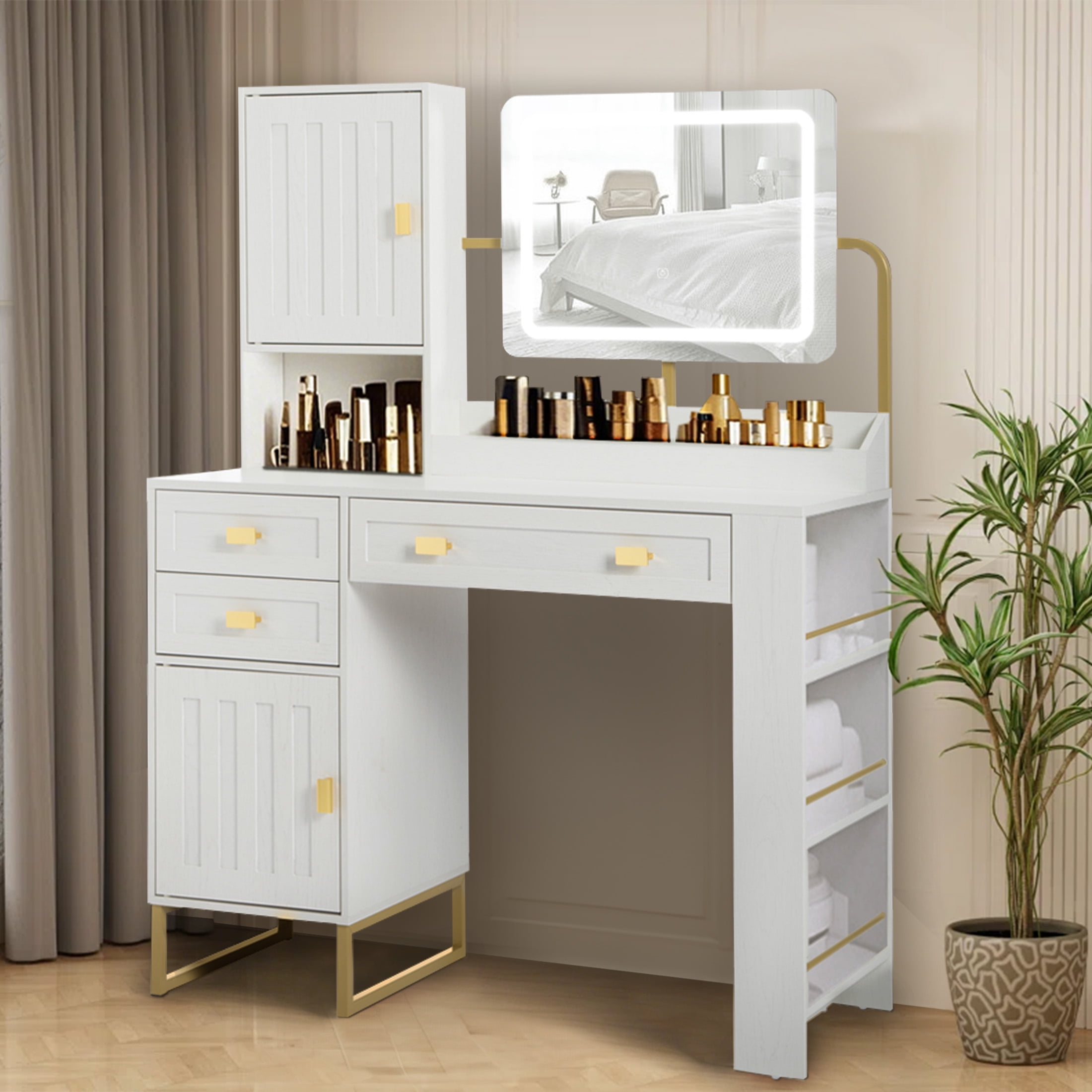Aukfa Vanity Desk with Mirror & Side Rack,Makeup LED Vanity Table for Bedroom,White