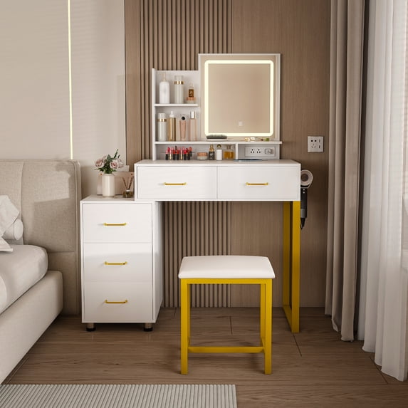 Aukfa Vanity Set with LED Lighted Mirror,Makeup Vanity Table,Power Outlet Dressing Table for Bedroom,White