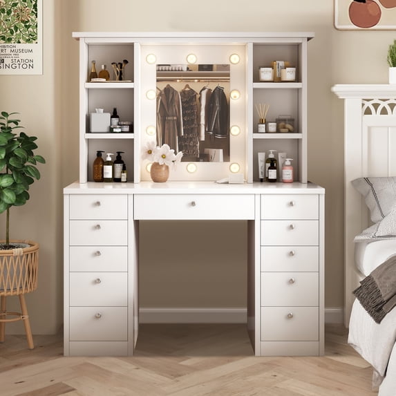 Aukfa Vanity Table Set Makeup Vanity Dressing Table with Mirror, 6 Drawers & Shelves, White