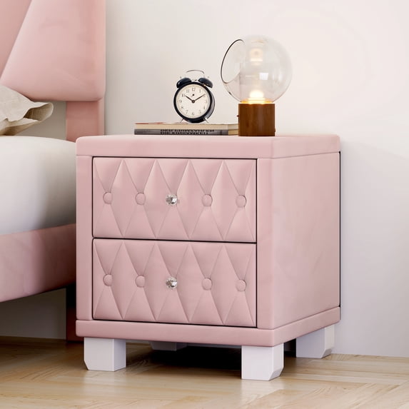 Aukfa Velvet 2-Drawer Nightstand with Crystal Knob Handles, Button-Tufted Bedside Table for Bedroom/Living RoomPink