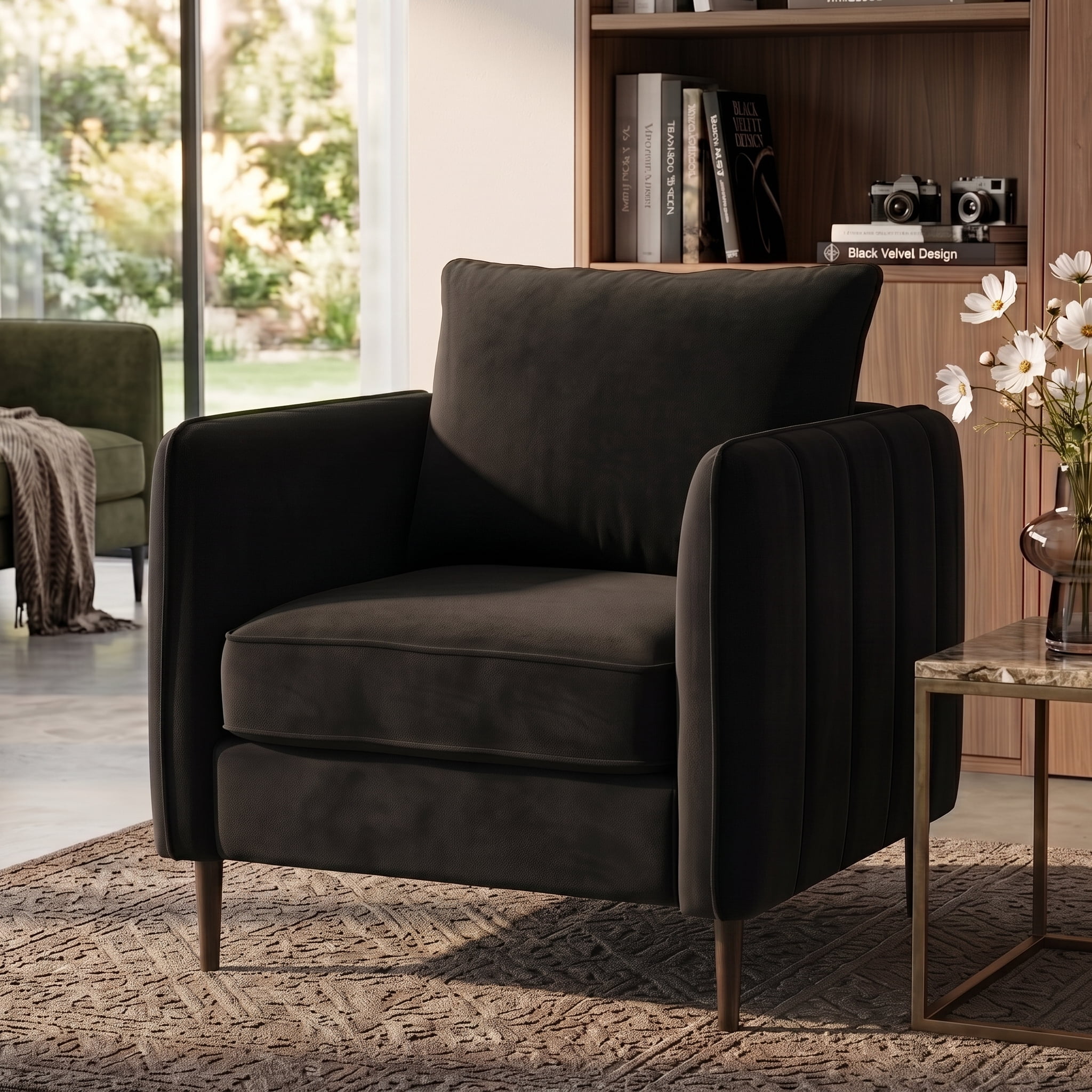 Aukfa Velvet Accent Chair with Channel-Tufted Arms, Modern Single Sofa Chair with Pillow & Metal Legs for Living Room & Bedroom,Black