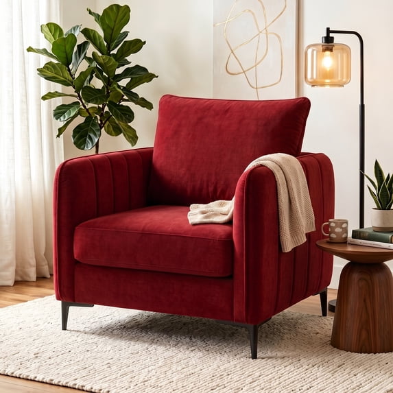 Aukfa Velvet Accent Chair with Channel-Tufted Arms, Modern Single Sofa Chair with Pillow & Metal Legs for Living Room & Bedroom, Burgundy Red