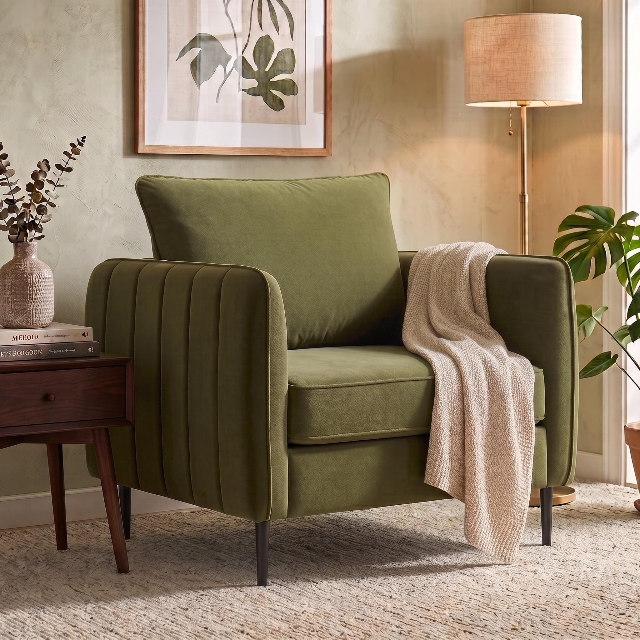 Aukfa Velvet Accent Chair with Channel-Tufted Arms, Modern Single Sofa Chair with Pillow & Metal Legs for Living Room & Bedroom,Olive Green