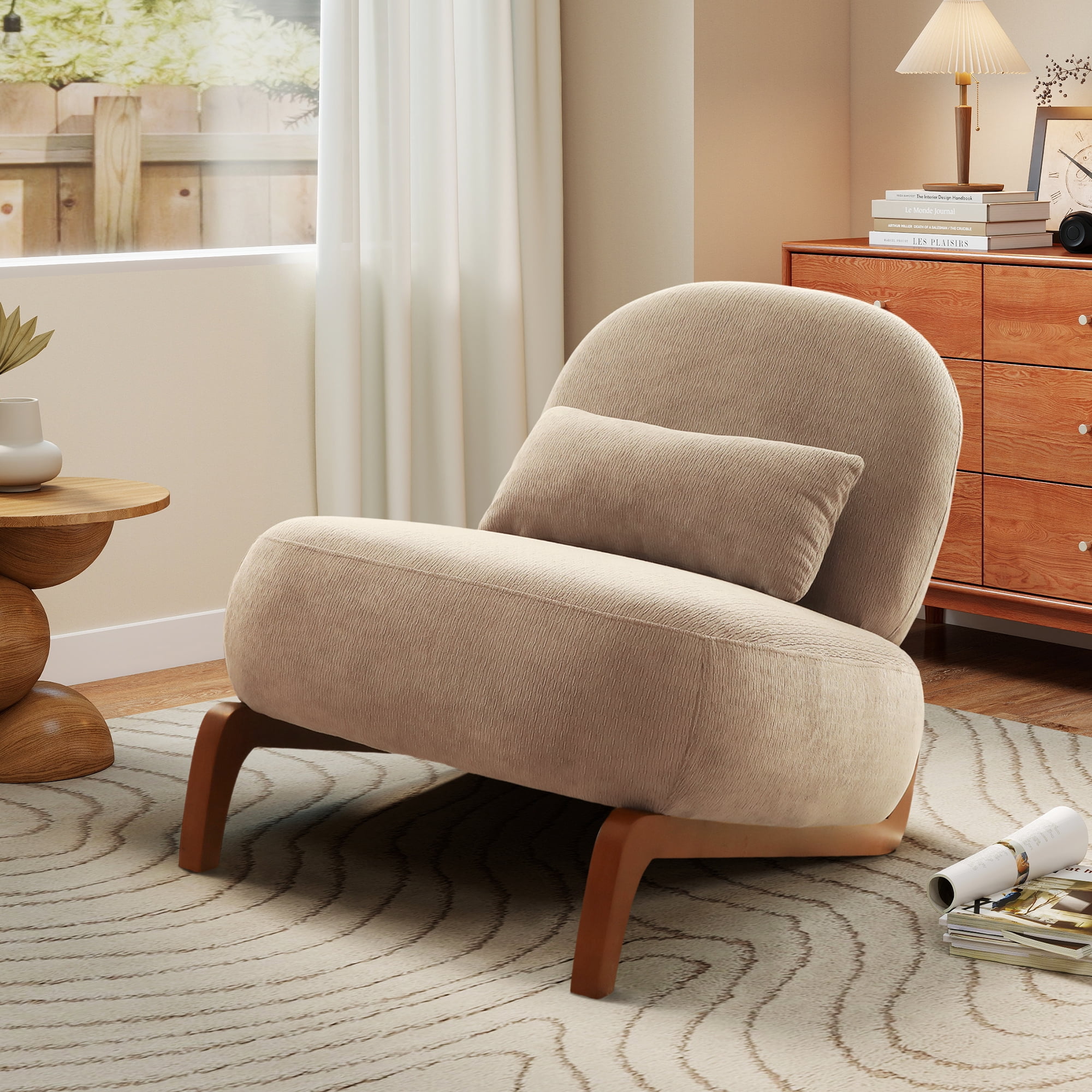 Aukfa Velvet Accent Chair with Solid Wood Legs, Armless Living Room Chair with Soft Cushion, Modern Reading Chair for Living Room & Bedroom,Camel