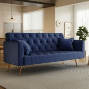 Aukfa Velvet Futon Convertible Sofa Bed, Upholstered Arm Couch for Home Office, 2 Pillows, Blue