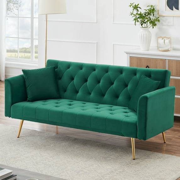 Aukfa Velvet Futon Convertible Sofa Bed, Upholstered Arm Couch for Home Office, 2 Pillows, Green