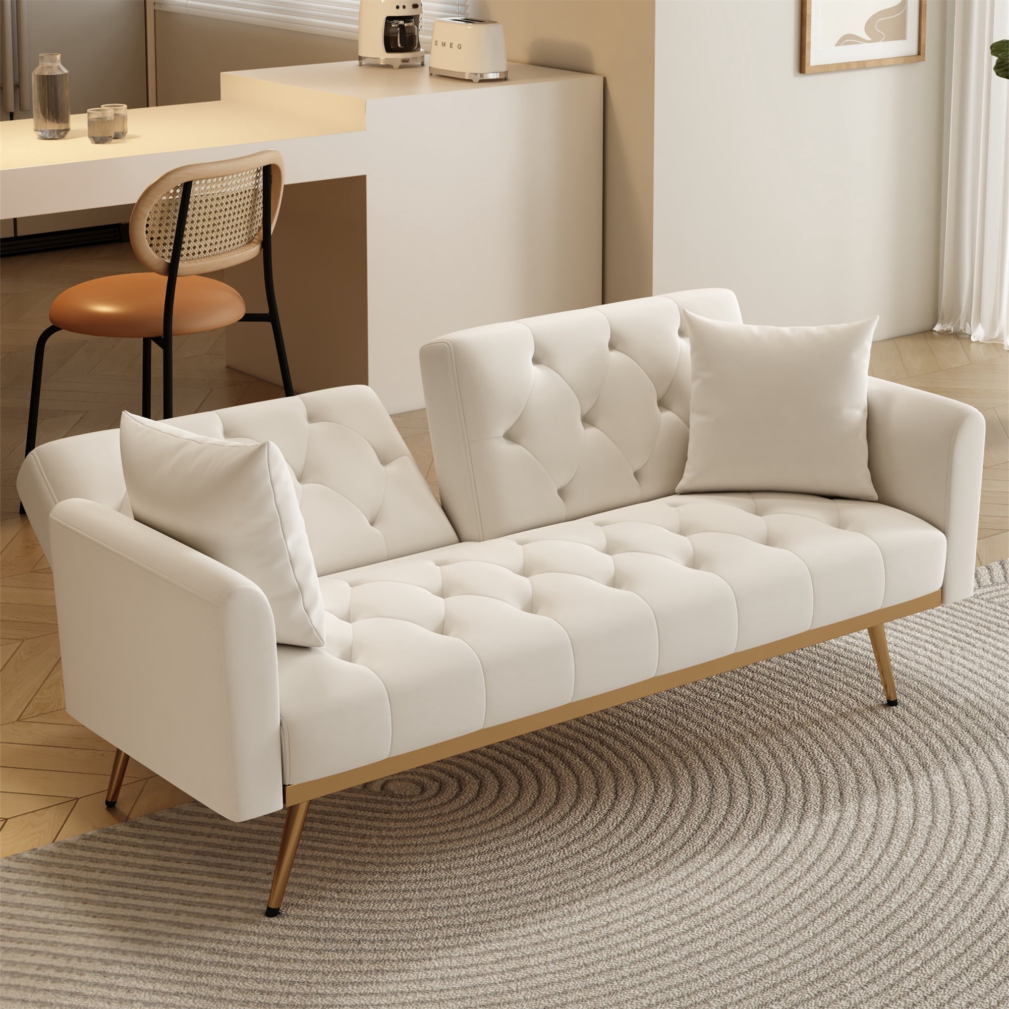 Aukfa Velvet Futon Convertible Sofa Bed for Home Office, 2 Pillows, Upgraded Metal Base, Beige