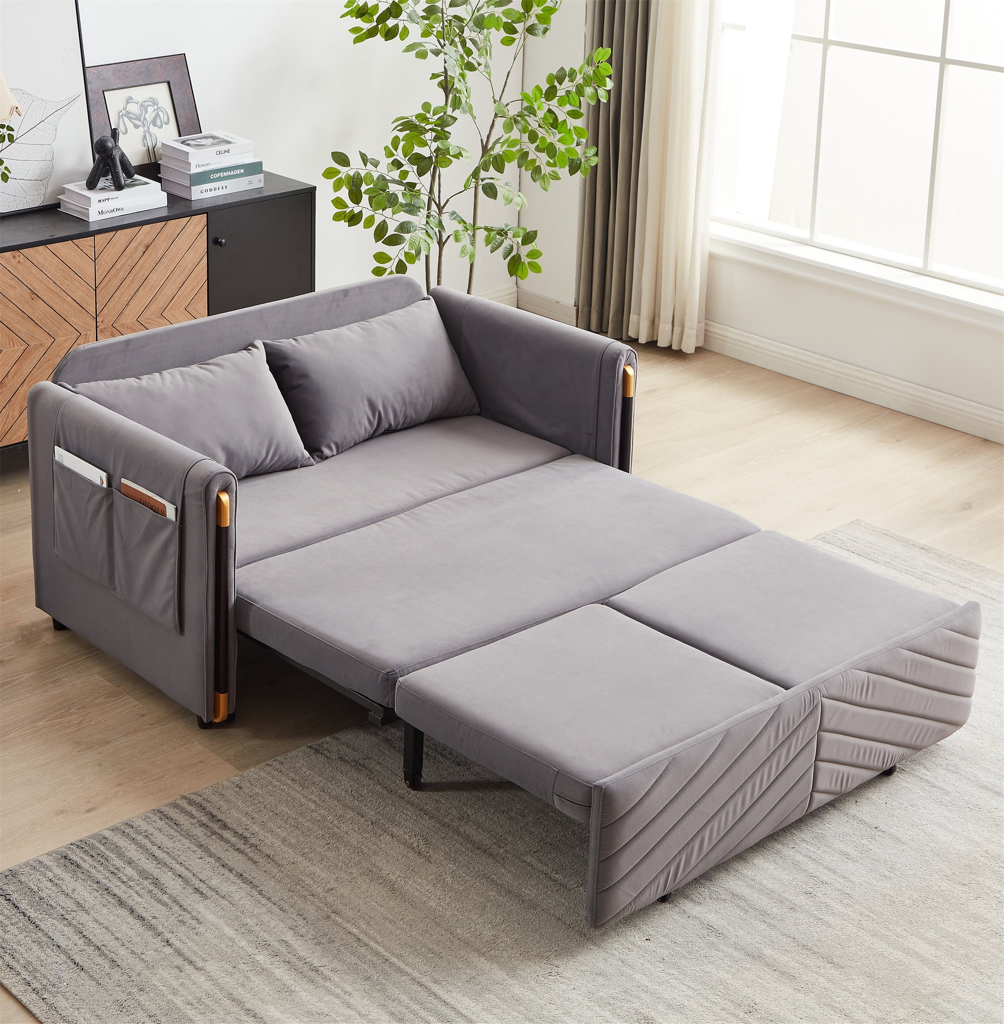 Aukfa Velvet Futon Convertible Loveseat Sleeper Sofa, Full Size, 2Pillows&Side Pockets, Gray