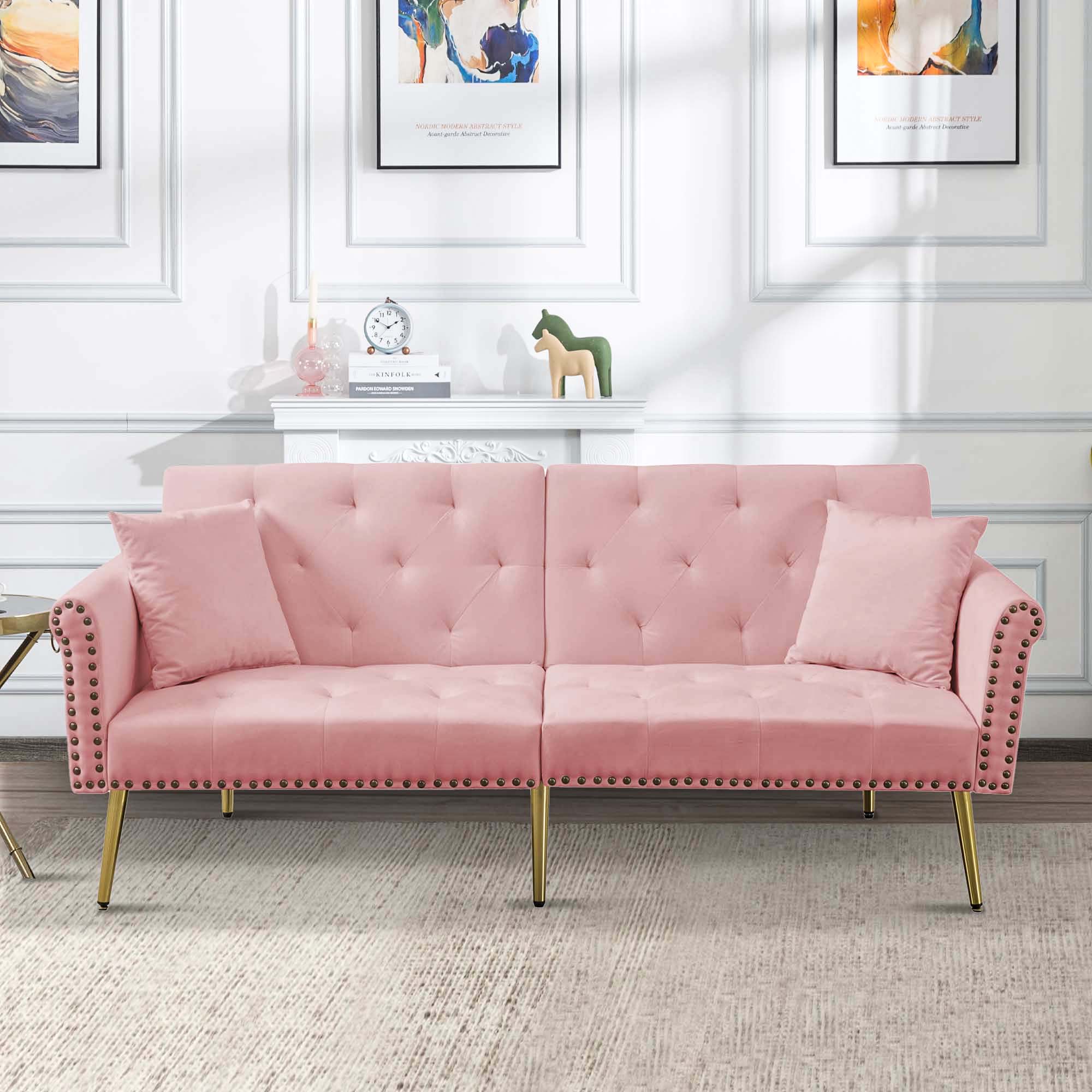 Aukfa Velvet Futon Convertible Sofa for Home Office, Nailhead Decor, 2 Pillows, Pink