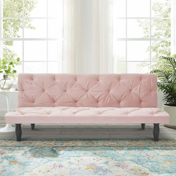 Aukfa Velvet Futon Convertible Sofa for Home Office, Tufted Back, Space Save, Pink