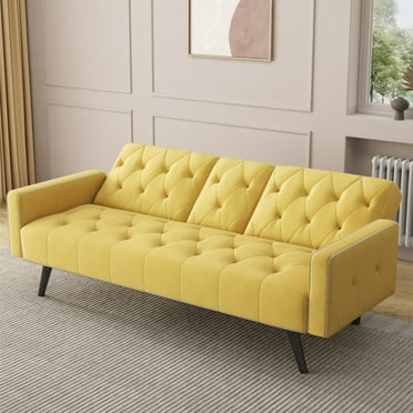 Aukfa Velvet Futon Sofa Bed with Cup Holder & Pillow for Home Office, Yellow