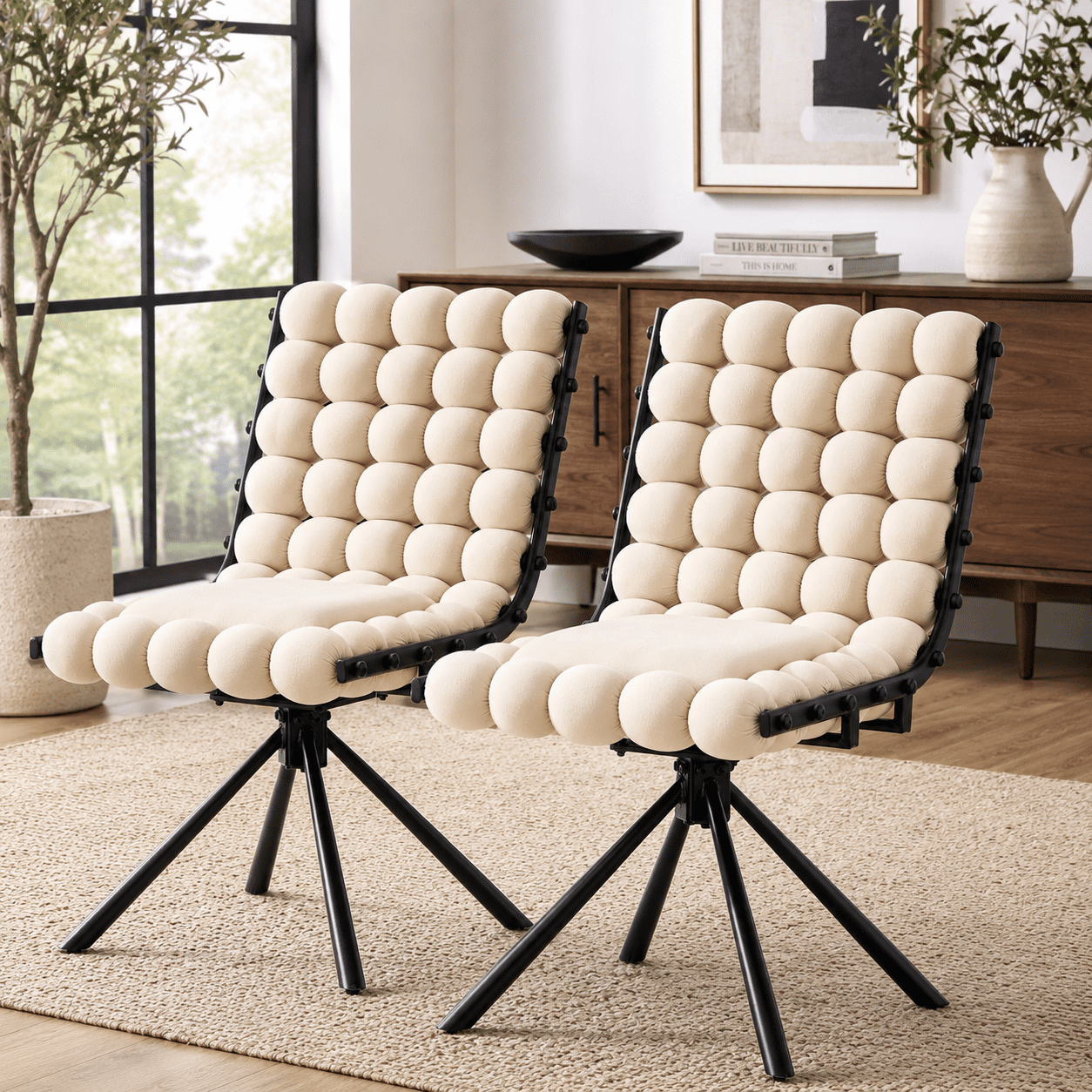 Aukfa Velvet Swivel Dining Chairs Set of 2, Modern Bubble Tufted Kitchen Side Chairs, Black Metal Legs,Beige