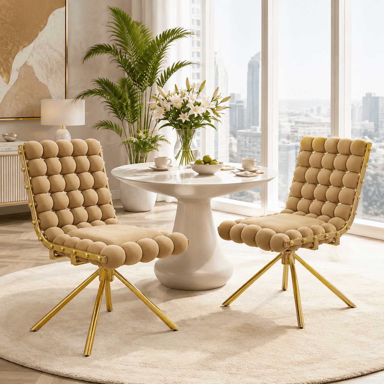 Aukfa Velvet Swivel Dining Chairs Set of 2, Modern Bubble Tufted Kitchen Side Chairs, Gold Metal Legs,Brown