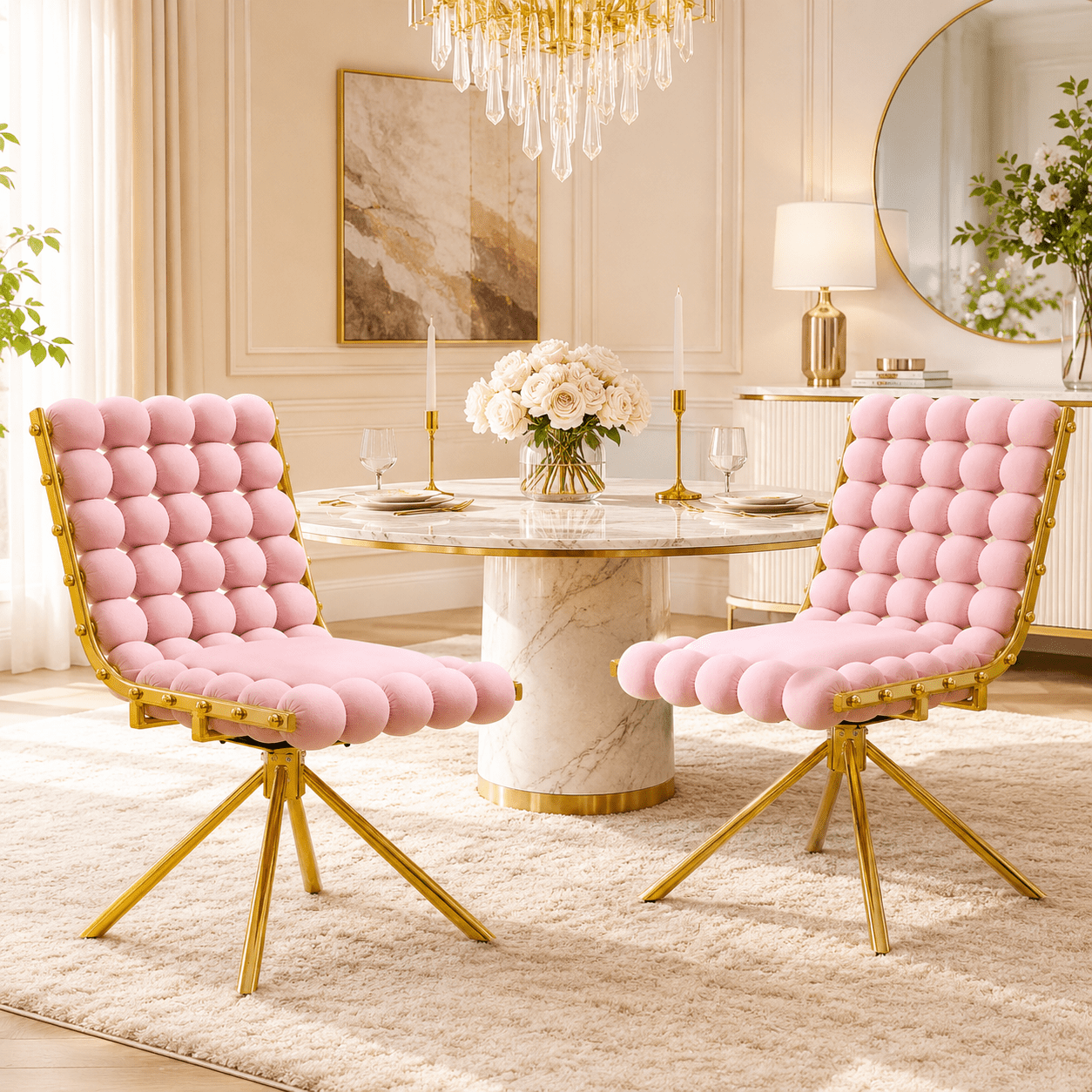 Aukfa Velvet Swivel Dining Chairs Set of 2, Modern Bubble Tufted Kitchen Side Chairs, Gold Metal Legs,Pink
