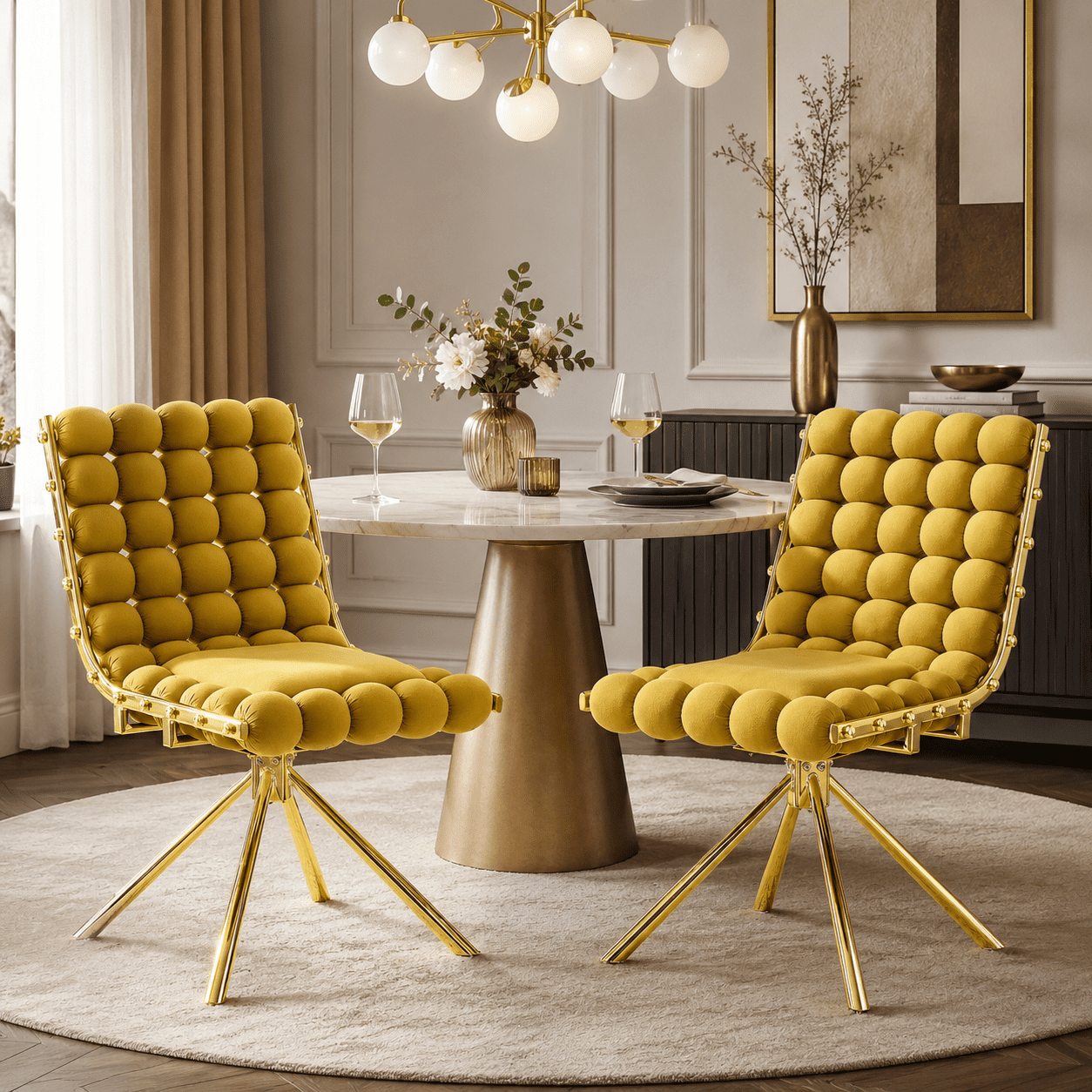 Aukfa Velvet Swivel Dining Chairs Set of 2, Modern Bubble Tufted Kitchen Side Chairs, Gold Metal Legs,Yellow