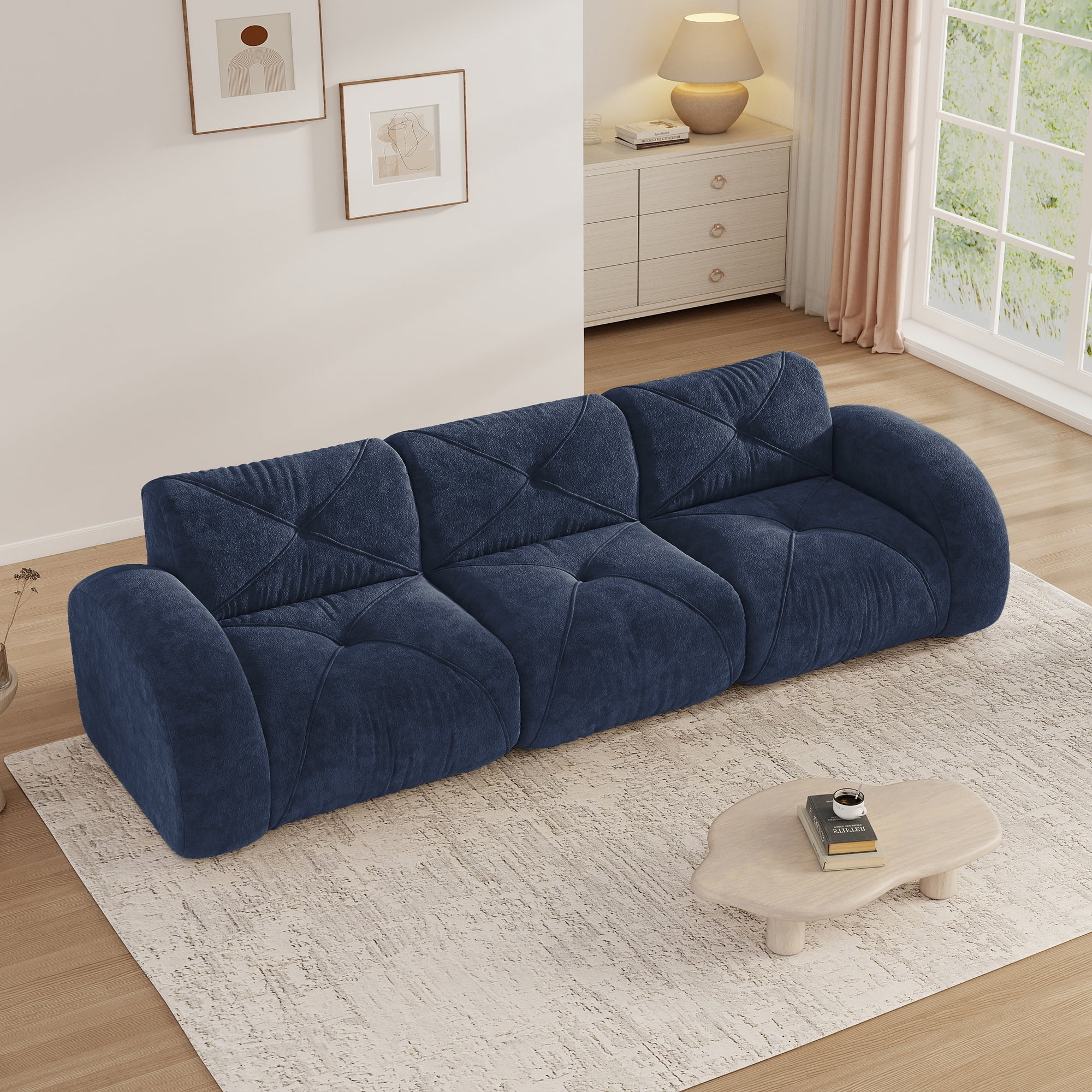 Aukfa Velvet Tufted Modular Sectional Sofa, 110" Wide 3-Seater Deep Seat Boneless Couch for Living Room, Blue