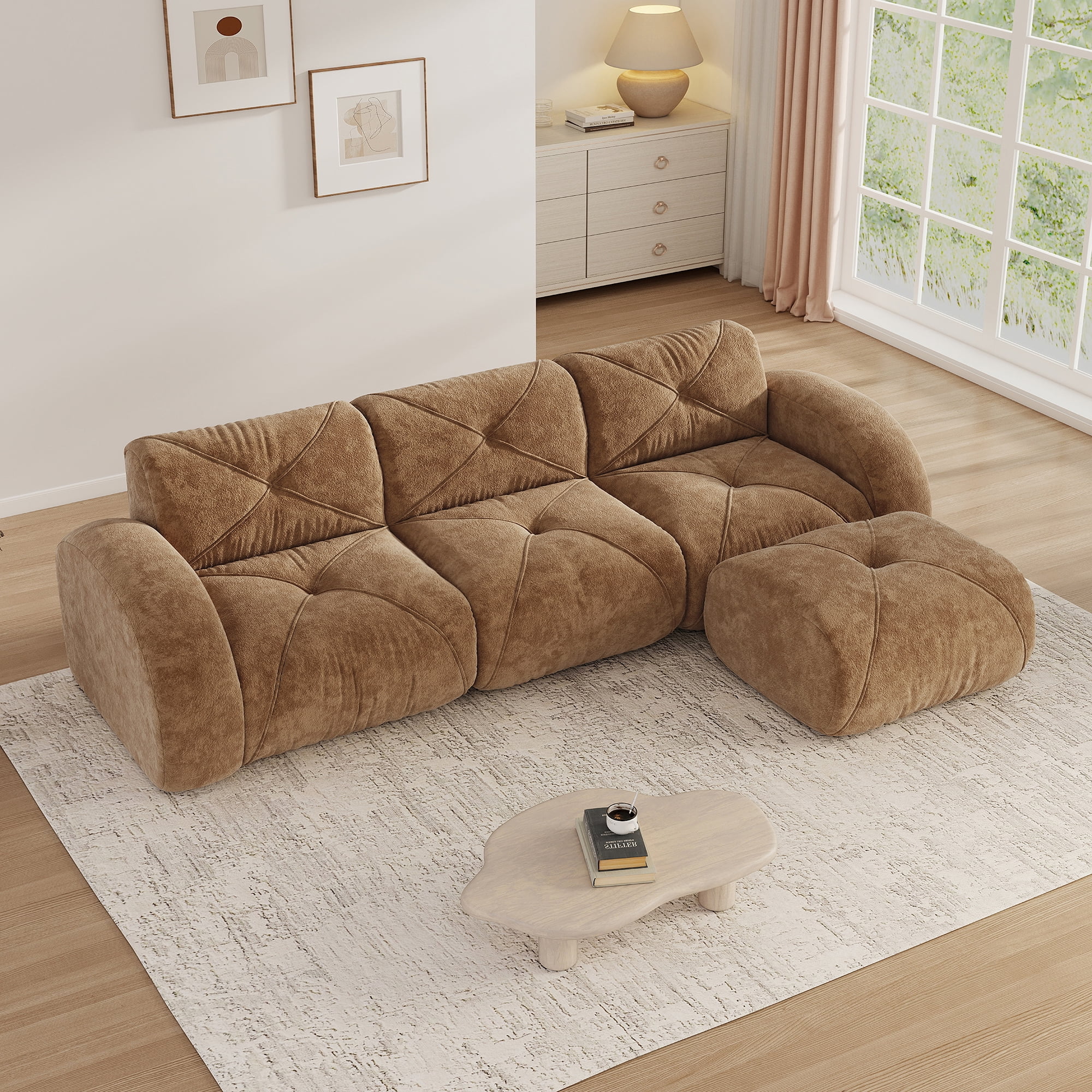 Aukfa Velvet Tufted Modular Sectional Sofa, 116" L-Shaped Boneless Couch with Ottoman for Living Room, Brown