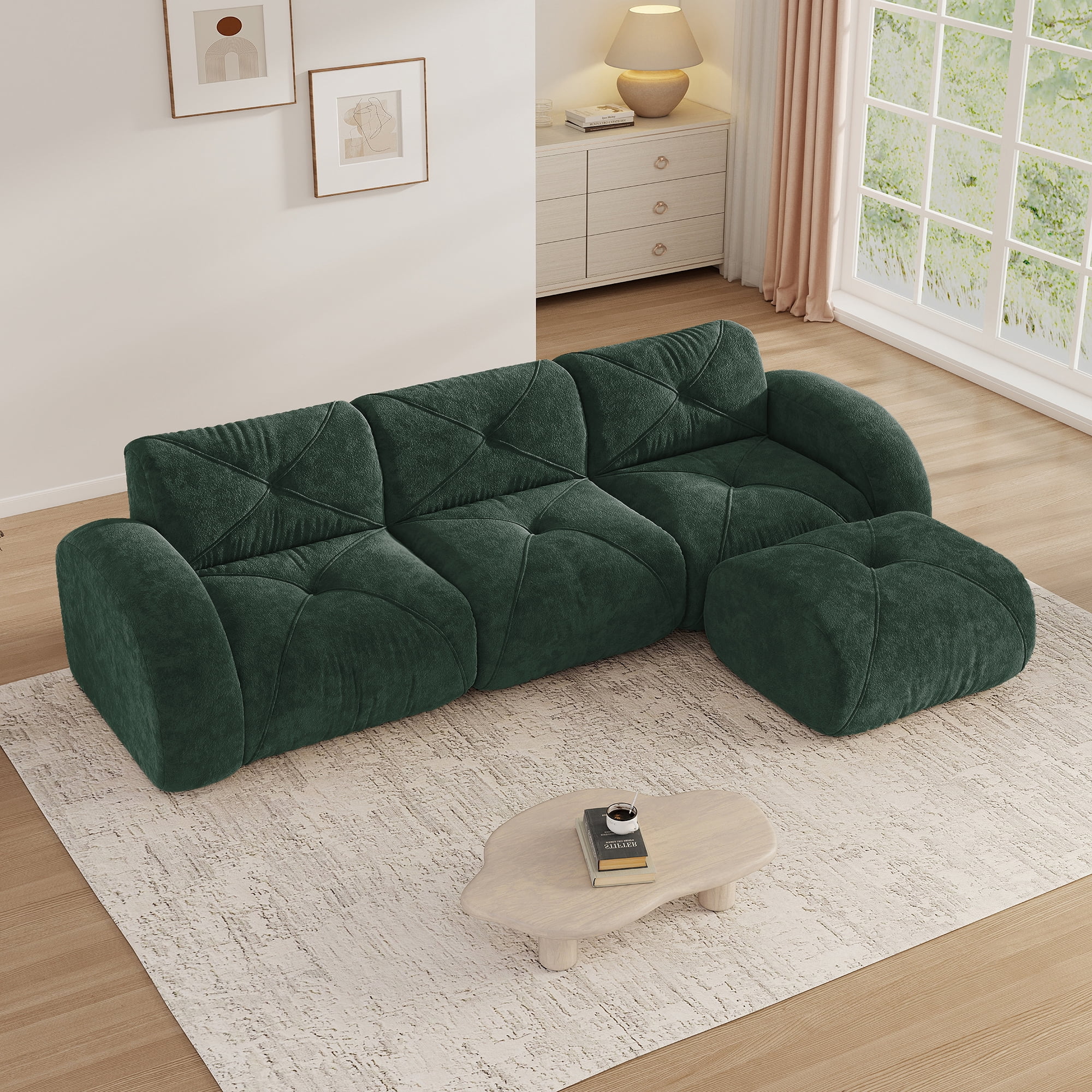 Aukfa Velvet Tufted Modular Sectional Sofa, 116" L-Shaped Boneless Couch with Ottoman for Living Room, Green