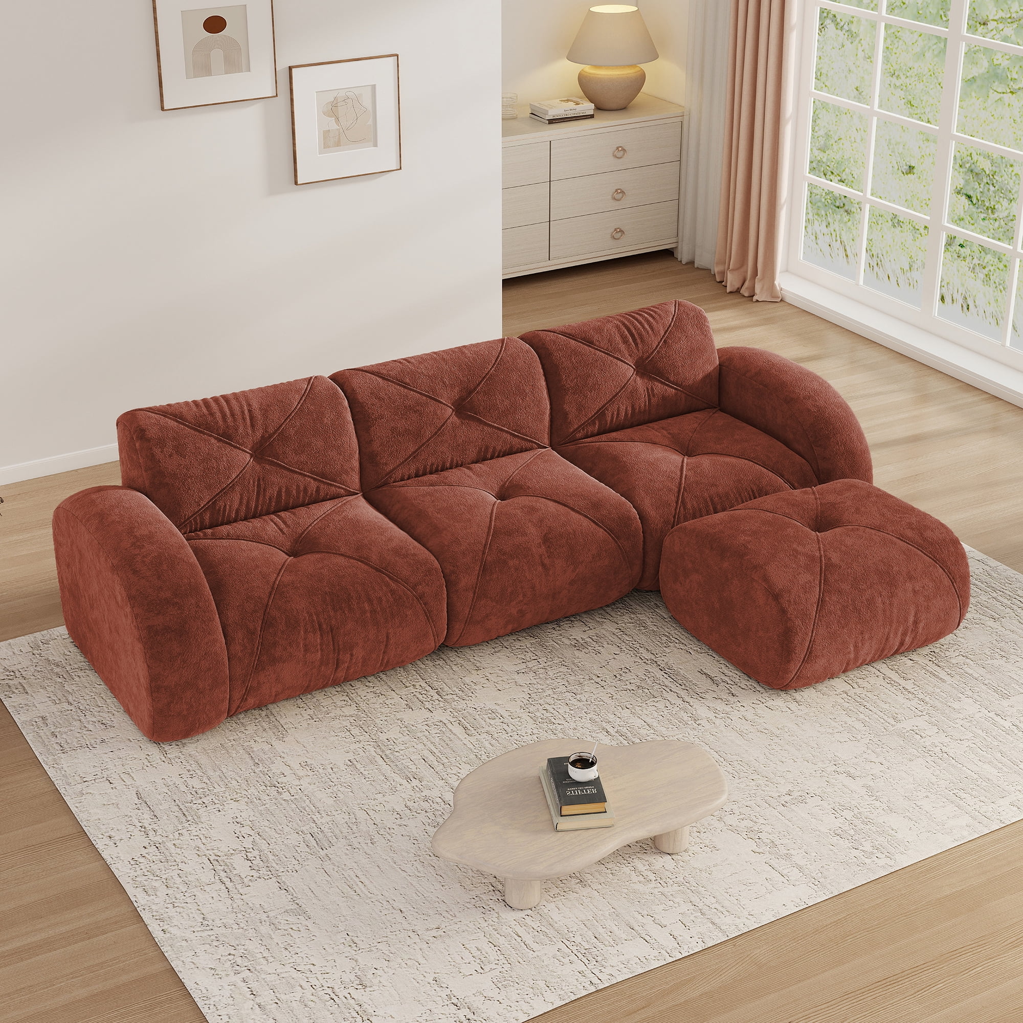 Aukfa Velvet Tufted Modular Sectional Sofa, 116" L-Shaped Boneless Couch with Ottoman for Living Room, Red