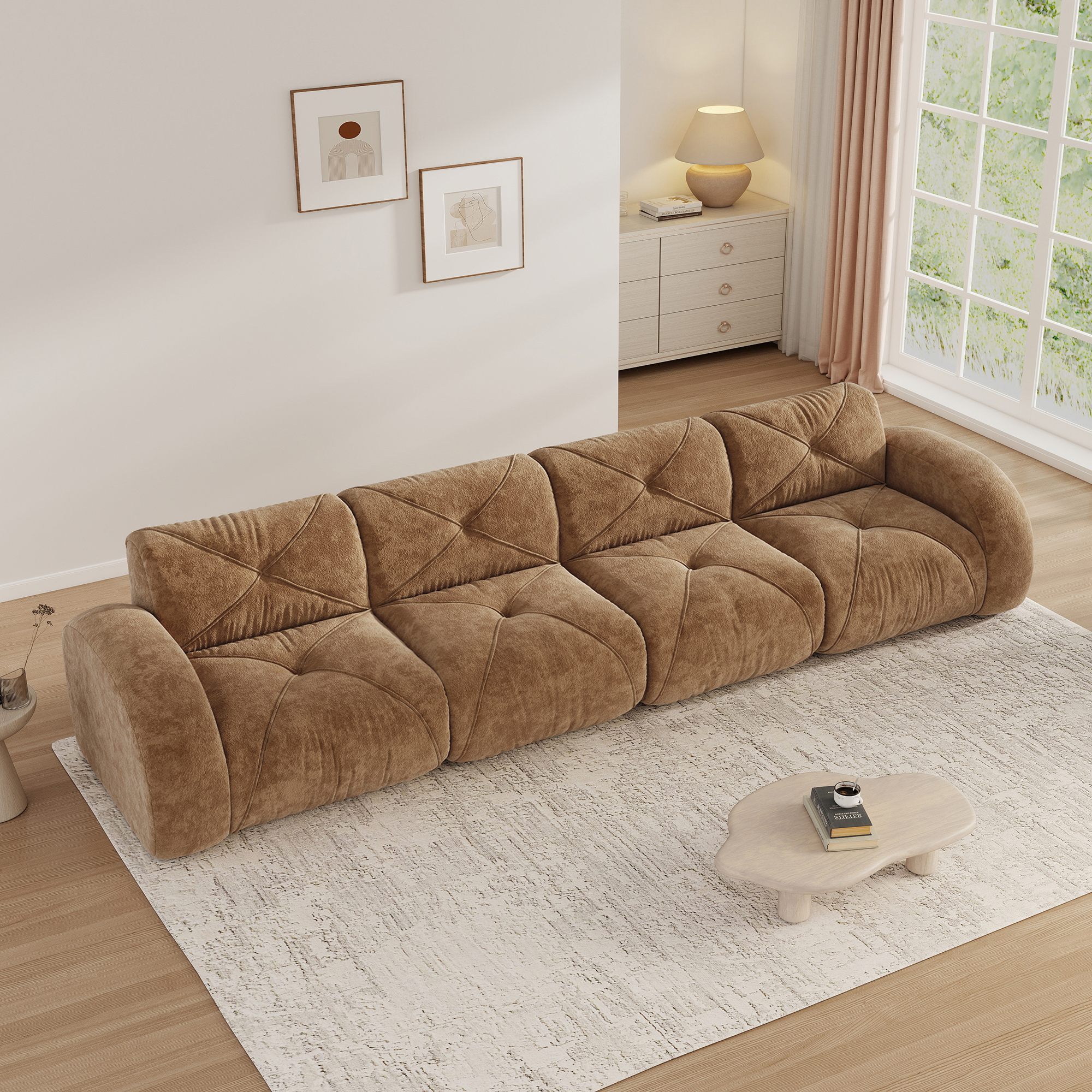Aukfa Velvet Tufted Modular Sectional Sofa, 4-Piece 141" Ultra-Wide Boneless Couch for Living Room, Brown