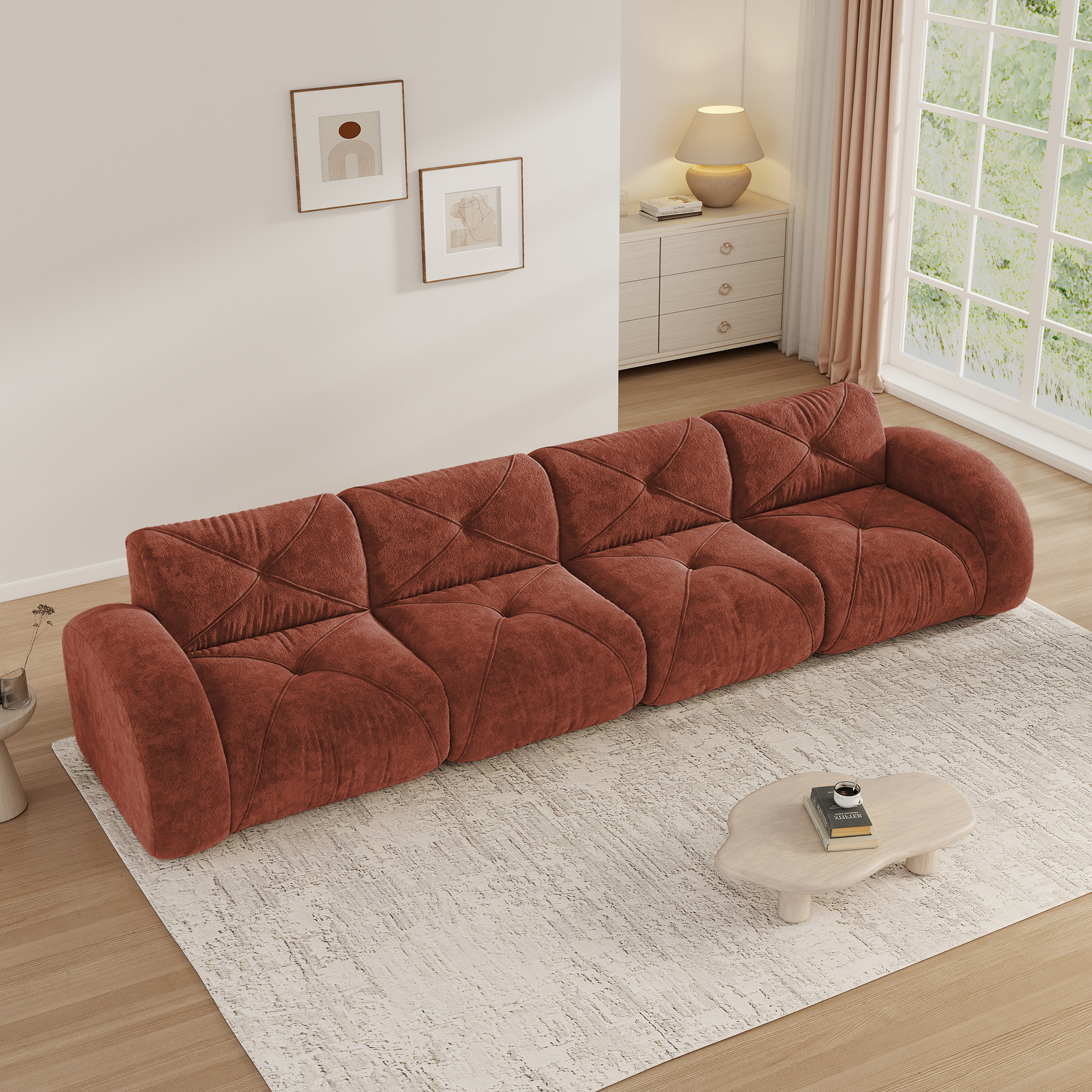Aukfa Velvet Tufted Modular Sectional Sofa, 4-Piece 141" Ultra-Wide Boneless Couch for Living Room, Red