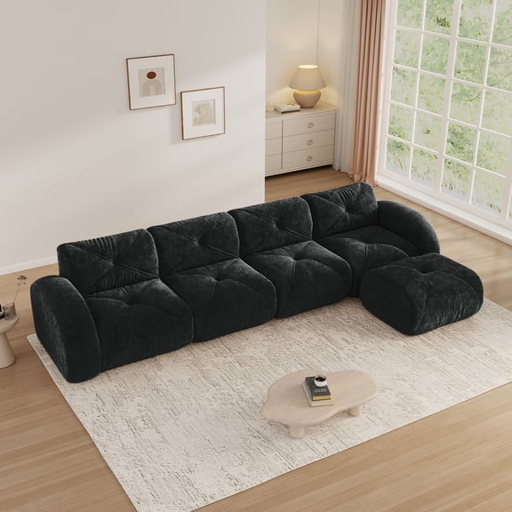 Aukfa Velvet Tufted Modular Sectional Sofa, 5-Piece 141" L-Shaped Boneles Couch with Ottoman, Black