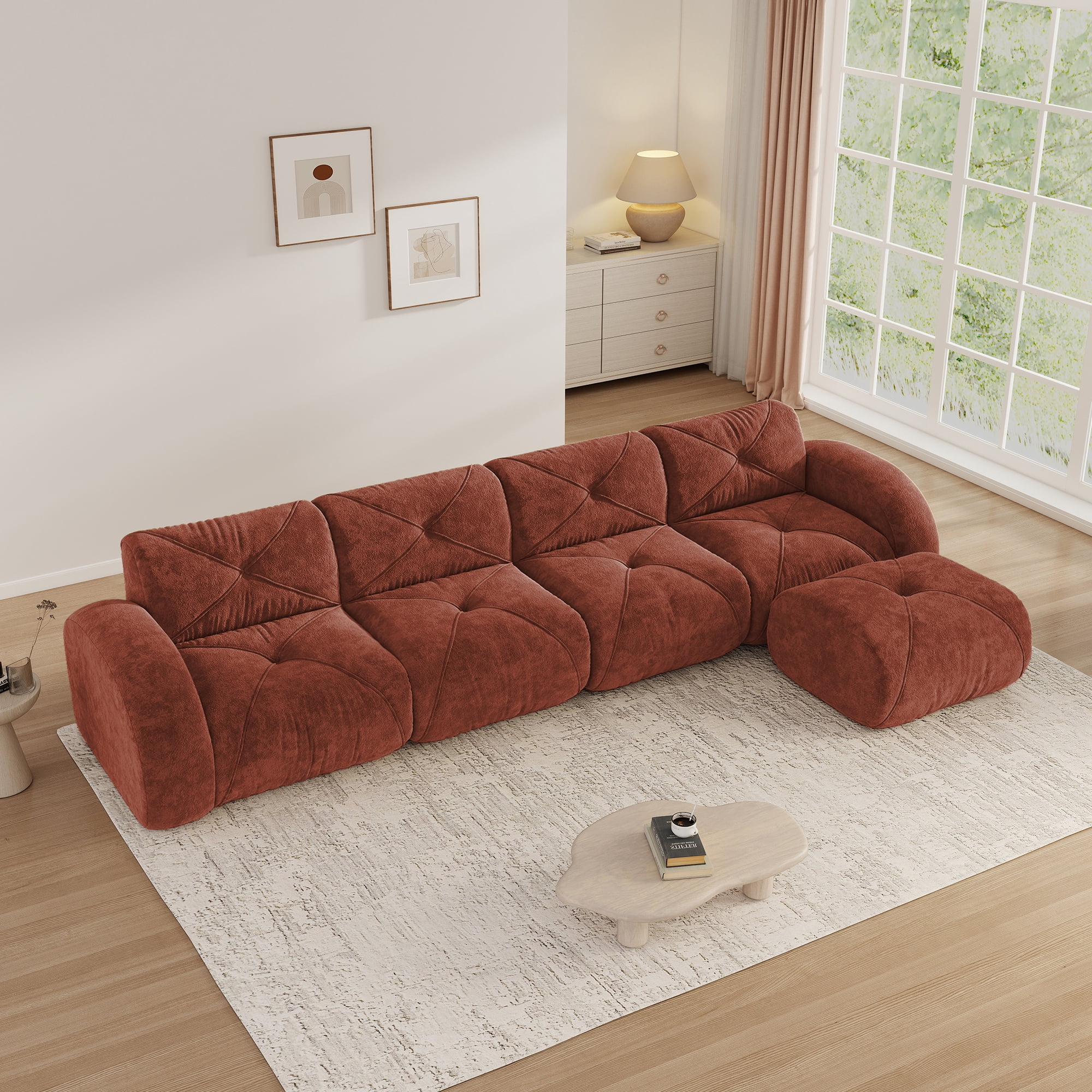 Aukfa Velvet Tufted Modular Sectional Sofa, 5-Piece 141" L-Shaped Boneles Couch with Ottoman, Red
