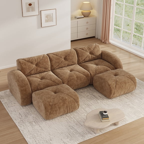 Aukfa Velvet Tufted Modular Sectional Sofa, 5-Piece U-Shaped Boneless Living Room Couch with 2 Ottomans, Brown