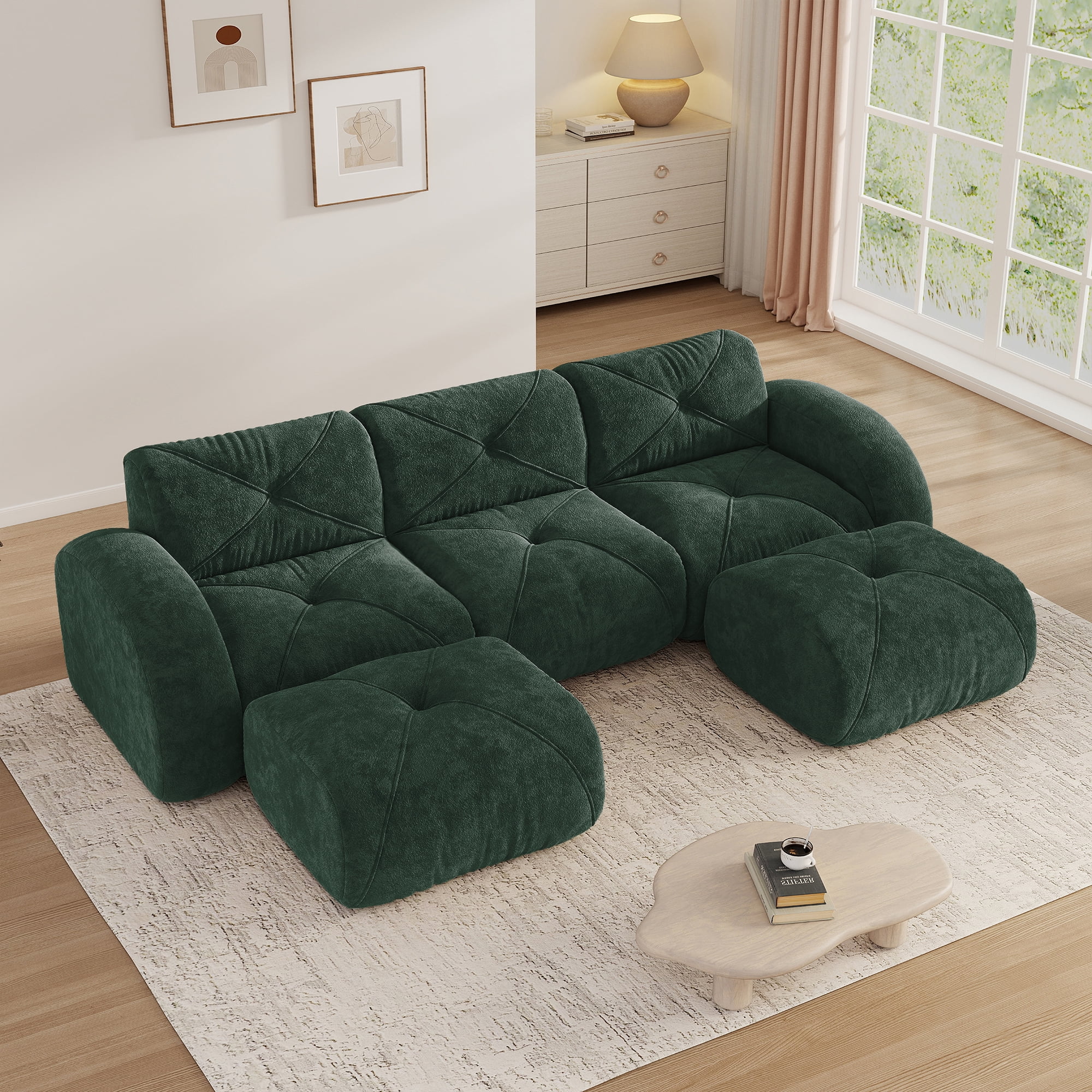 Aukfa Velvet Tufted Modular Sectional Sofa, 5-Piece U-Shaped Boneless Living Room Couch with 2 Ottomans, Green