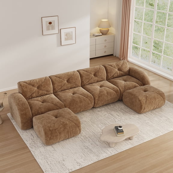 Aukfa Velvet Tufted Modular Sectional Sofa, 6-Piece 141" Wide U-Shaped Bonless Couch with 2 Ottomans, Brown