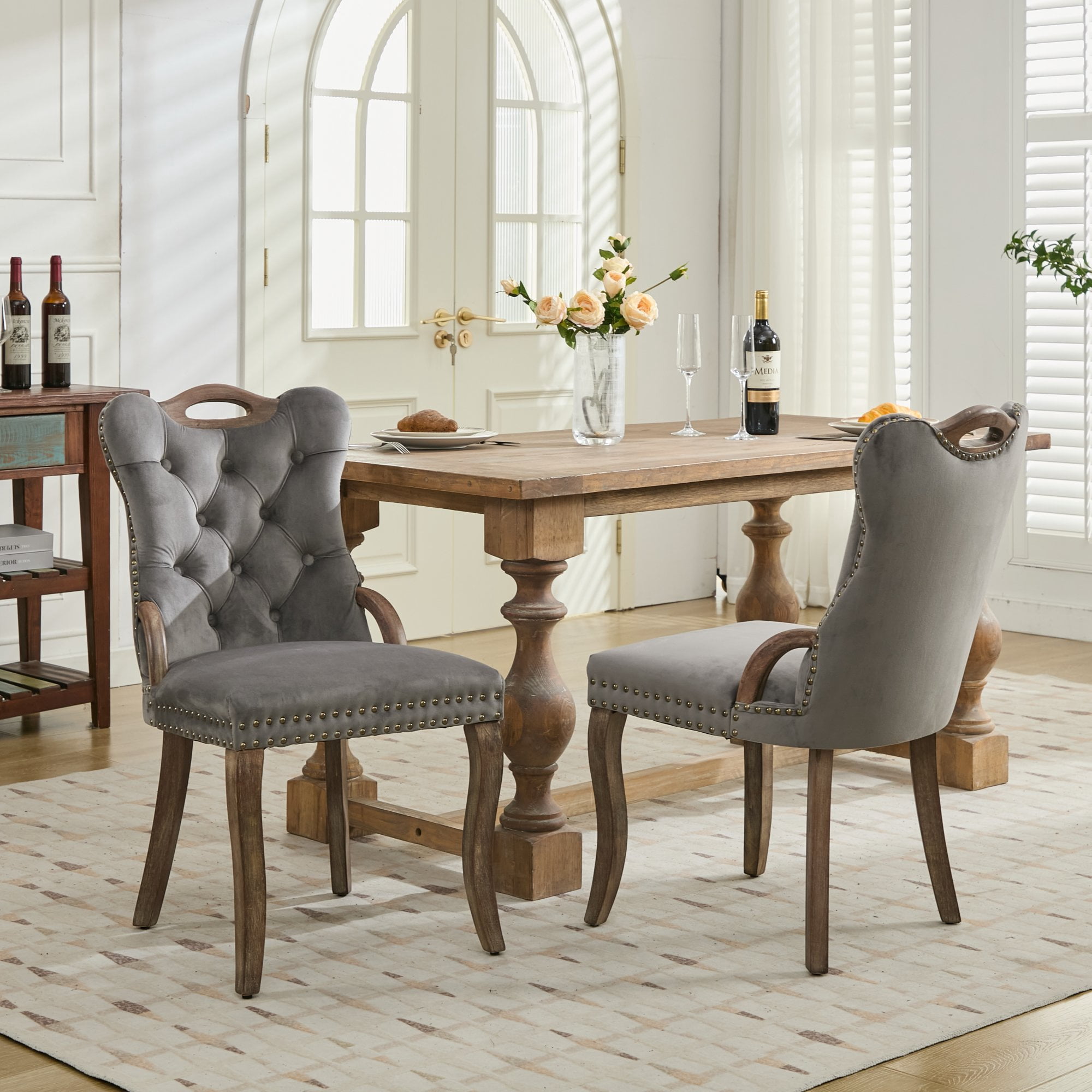 Aukfa Velvet Upholstered Dining Chair Set of 2,Elegant Accent Chair for Dining Room/Living Room, Solid Wood Legs & Tufted Trim,Gray