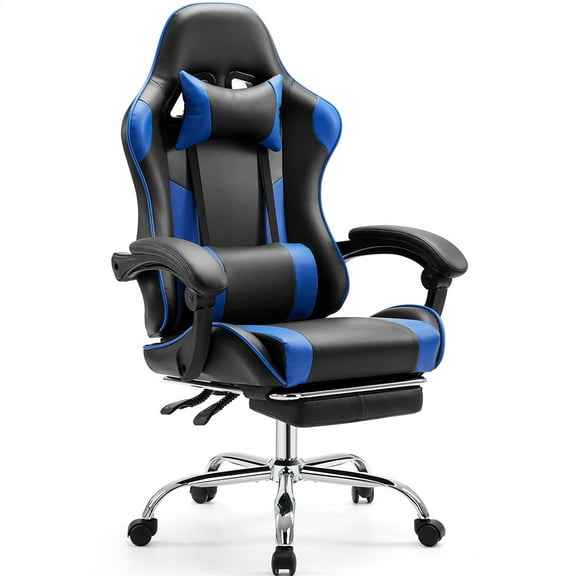 Aukfa Video Game Chair with Footrest, Racing Style Gamer Chair w/ Lumbar Support for Adults, Blue