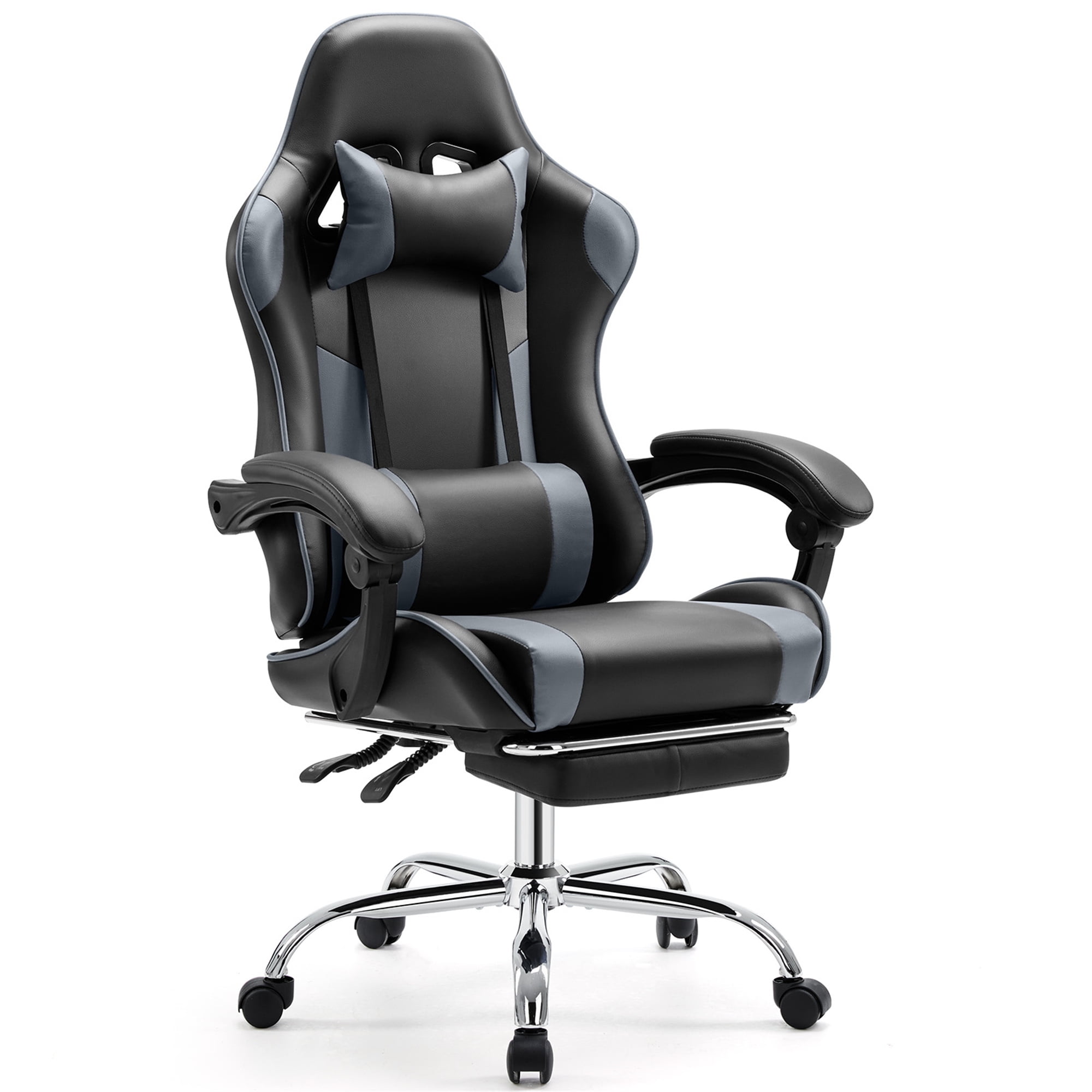 Aukfa Video Game Chair with Footrest, Racing Style Gamer Chair w/ Lumbar Support for Adults, Gray