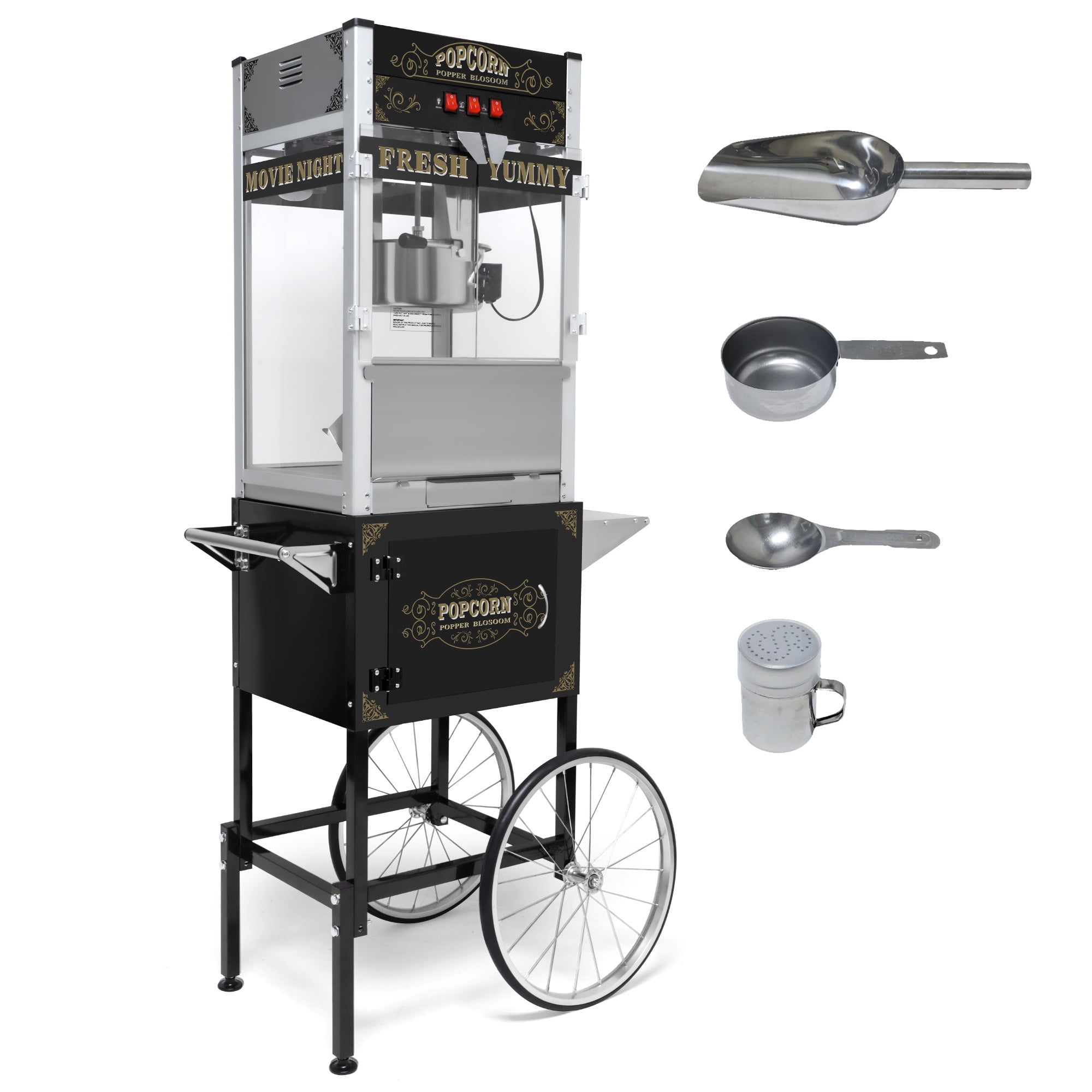 Aukfa Vintage 20-Ounce Popcorn Maker Machine with Cart, 64 Inches Tall, Kernel Measuring Cup, Oil Measuring Spoon and Scoop, 16-Inch Wheels, Black