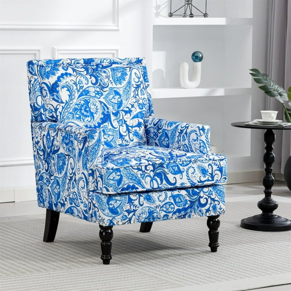 Aukfa Accent Chair Mid-Century Modern High Back Armchair Lounge for Living Room, Rivet Trim, Blue-and-White Porcelain Pattern