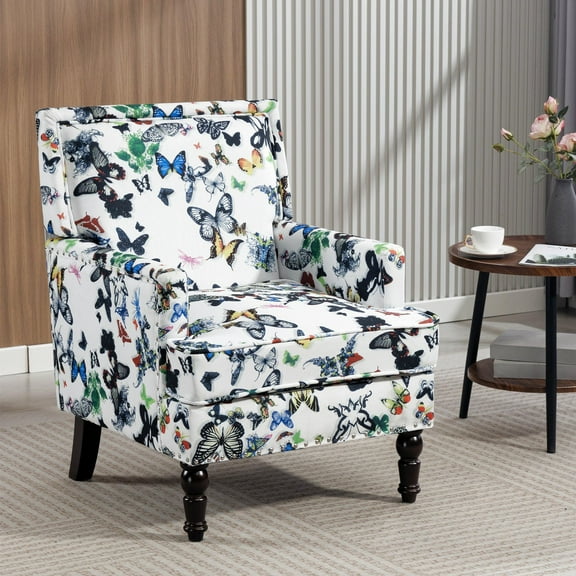 Aukfa Accent Chair Mid-Century Modern High Back Armchair Lounge for Living Room, Rivet Trim, Butterfly Pattern
