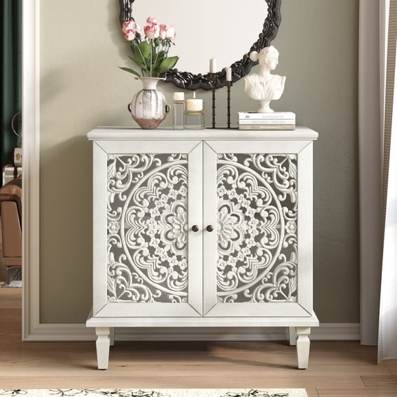 Aukfa Vintage Accent Storage Cabinet with Carved Doors,, 2 Door Sideboard Cabinet for Living Room & Hallway,White