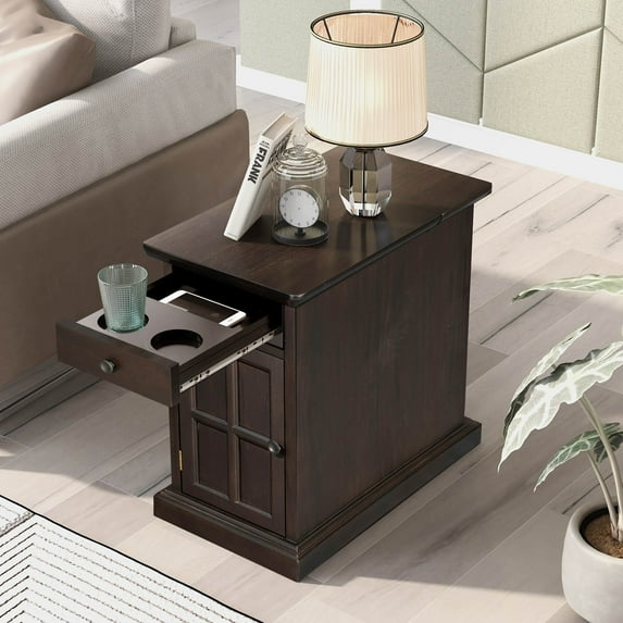 Aukfa Vintage End Table with USB Ports, Drawer, and Cup Holders - Narrow Sofa Side Table for Living Room and Bedroom - Espresso