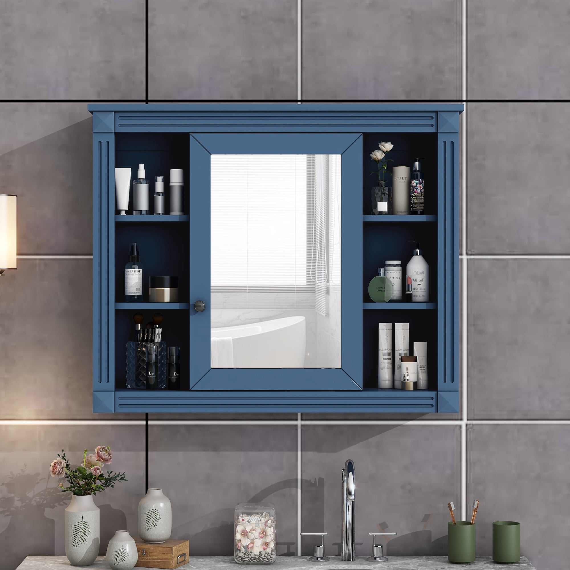 Aukfa Wall Mounted Bathroom Storage Cabinet,Medicine Cabinet with Mirror - Blue