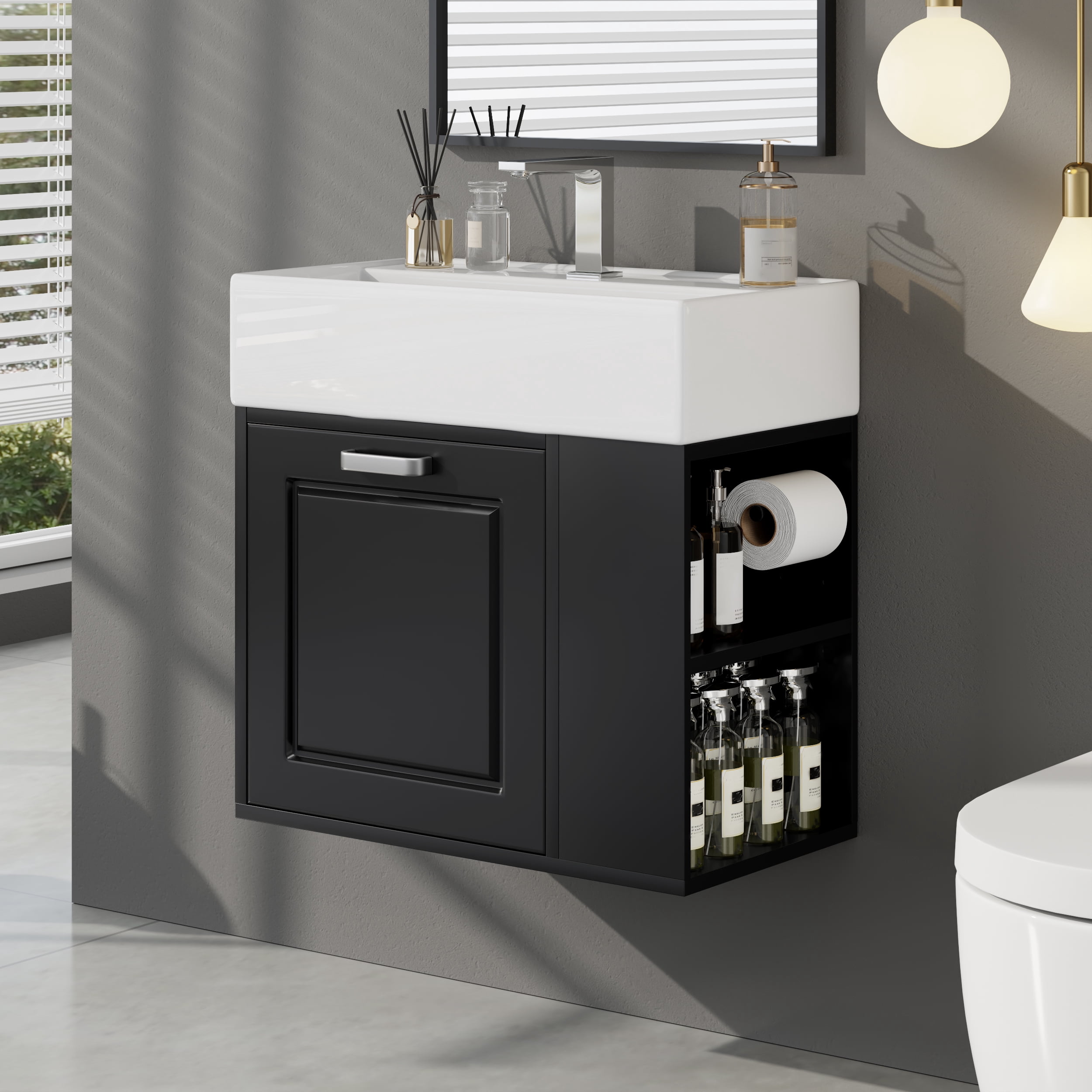 Aukfa Wall-Mounted Bathroom Vanity with Sink, Floating Bathroom Vanity Cabinet with Pine Toilet Paper Holde for Small Bathrooms/ Powder Rooms,Black