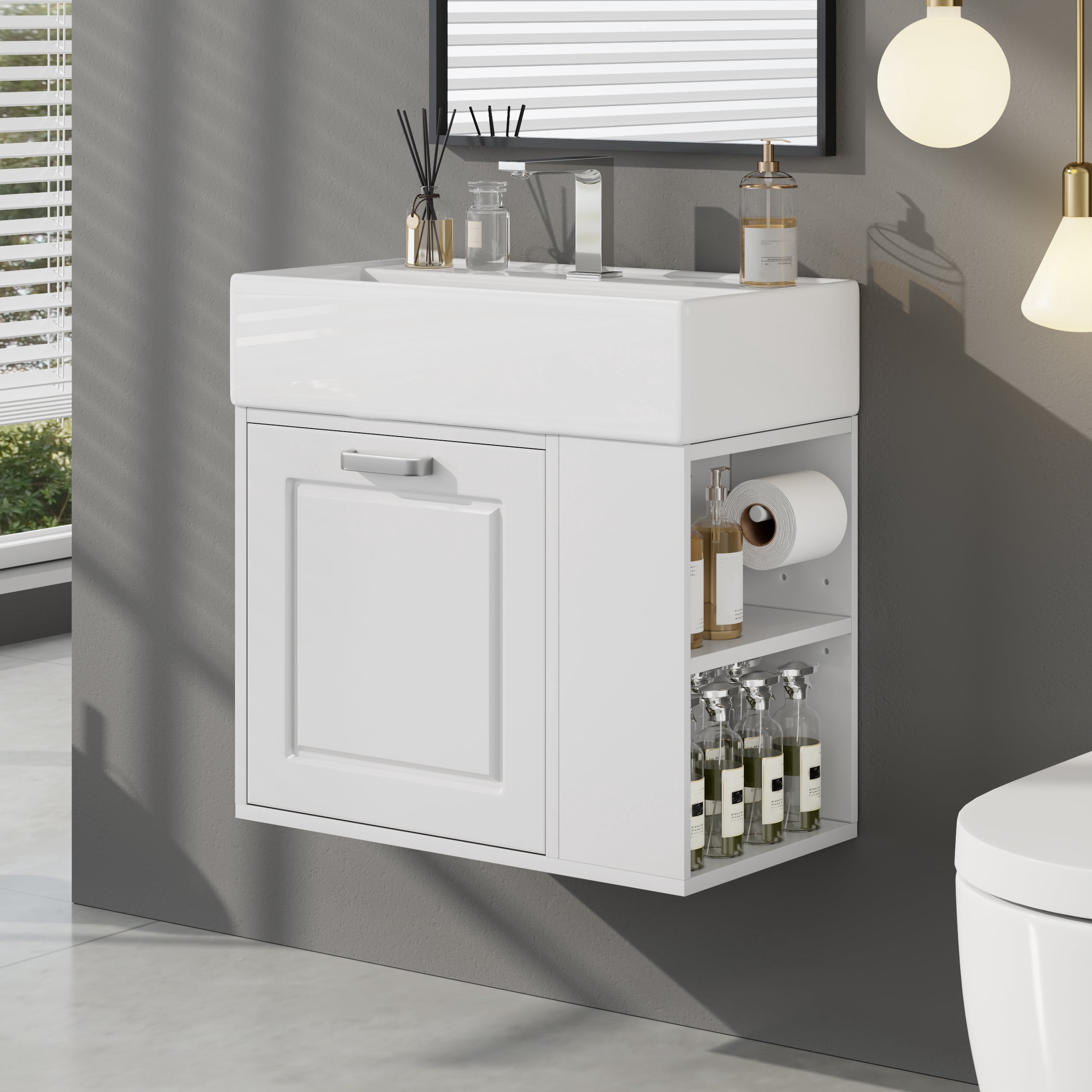 Aukfa Wall-Mounted Bathroom Vanity with Sink, Floating Bathroom Vanity Cabinet with Pine Toilet Paper Holde for Small Bathrooms/ Powder Rooms,White