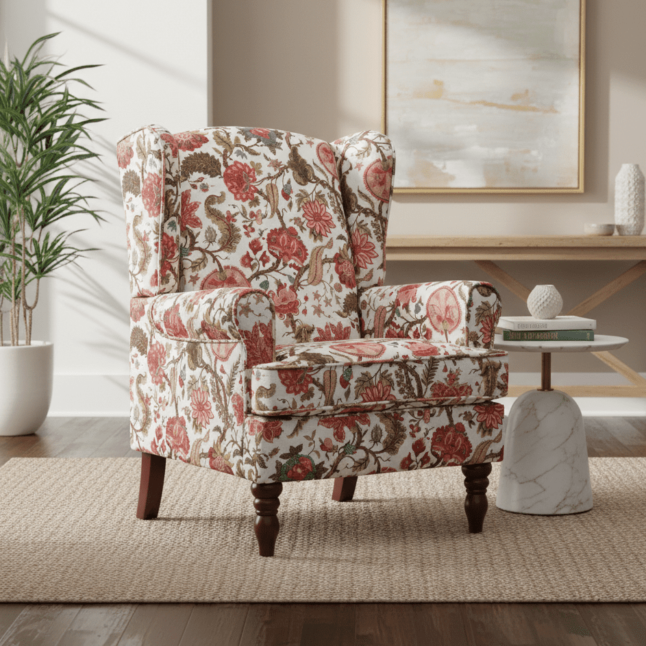 Aukfa Wingback Accent Chair,Upholstered Club Chair with Solid Wood Legs for Living Room, Bedroom & Office,Floral Red