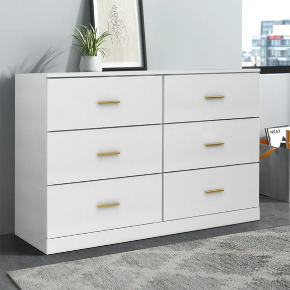 Aukfa Wood 6 Drawer Dresser, Chest of 6 Drawers for Bedroom Living Room,White