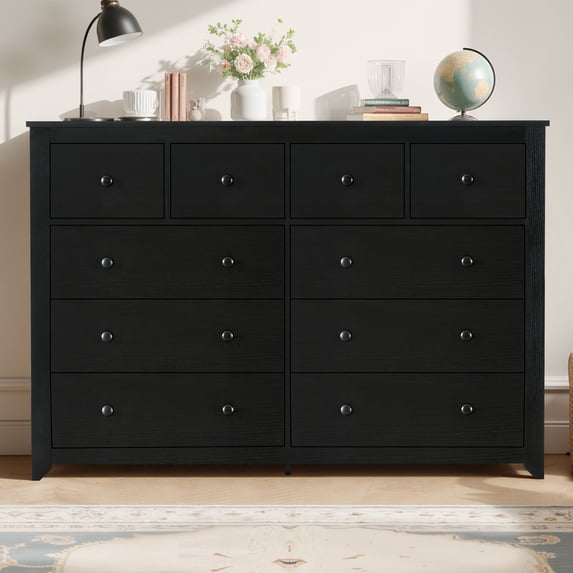 Aukfa Wood 10 Drawers Dresser,Wide Chest of Drawers Storage Cabinet for Living Room Bedroom, Black