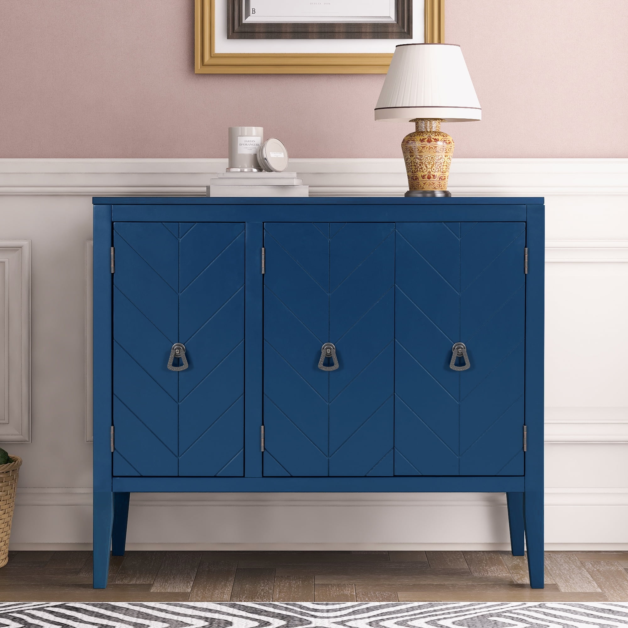 Aukfa Wood Accent Cabinets with 3 Doors,Buffet Storage Cabinet for Hallway, Entryway, Living Room,Navy