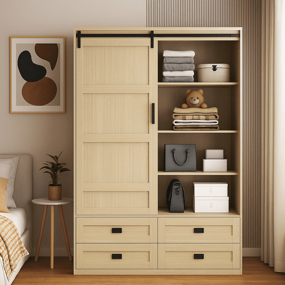 Aukfa Wood Armoire Wardrobe Closet,Clothing Storage Cabinet with Drawers,Hanging Rod & Barn Door,Natural