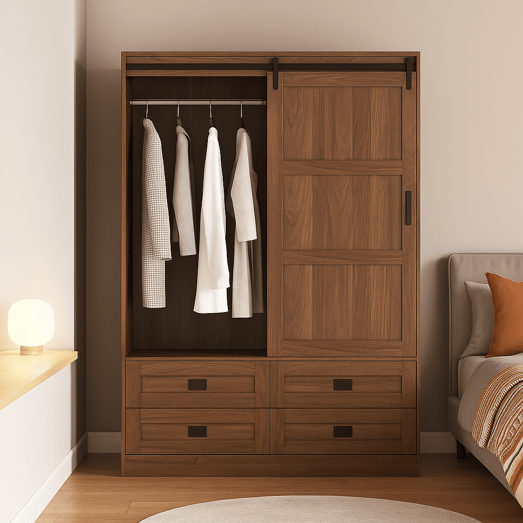 Aukfa Wood Armoire Wardrobe Closet,Clothing Storage Cabinet with Drawers,Hanging Rod & Barn Door,Walnut