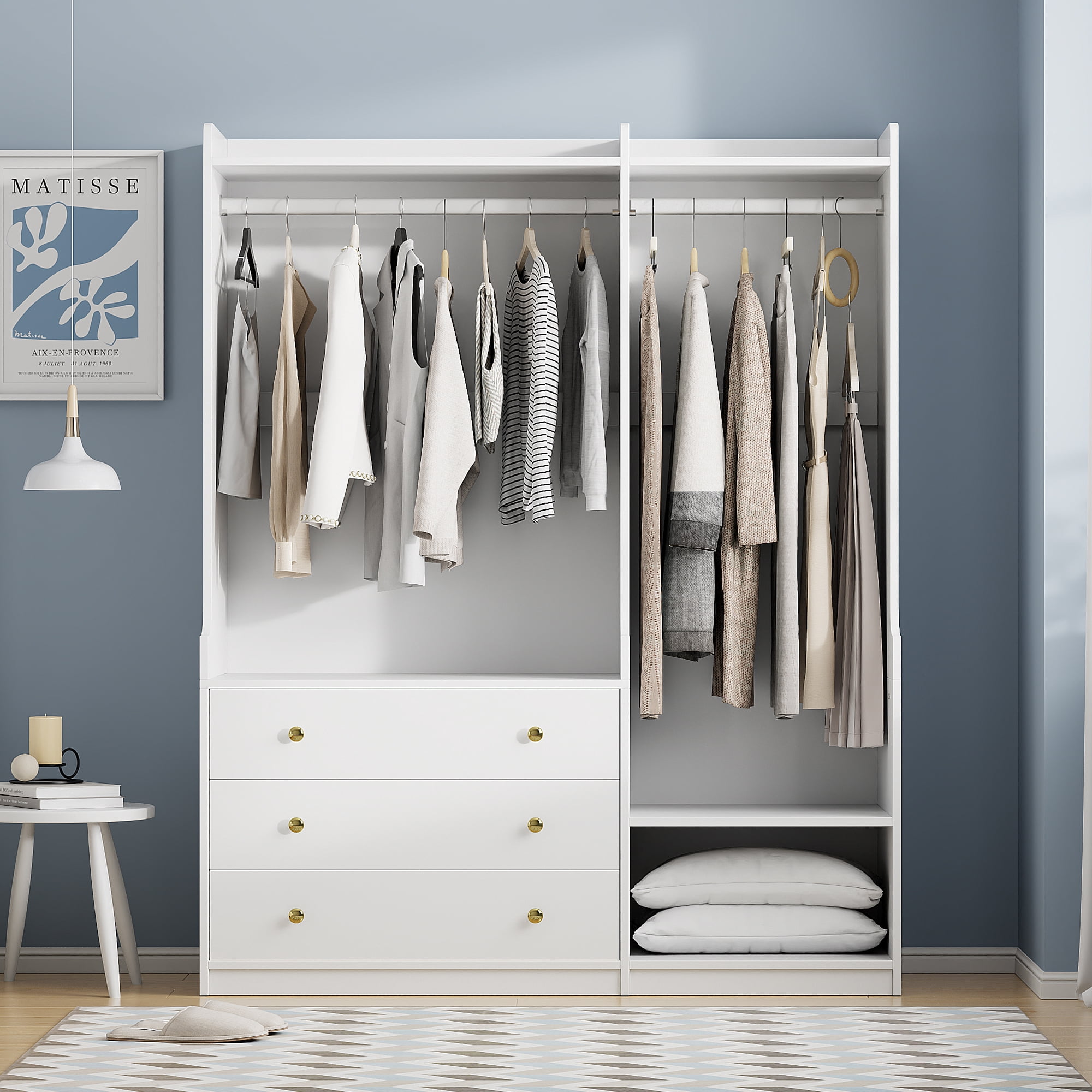 Aukfa Wood Armoire Wardrobe Closet with Hanging Rod & Drawer for Bedroom,White