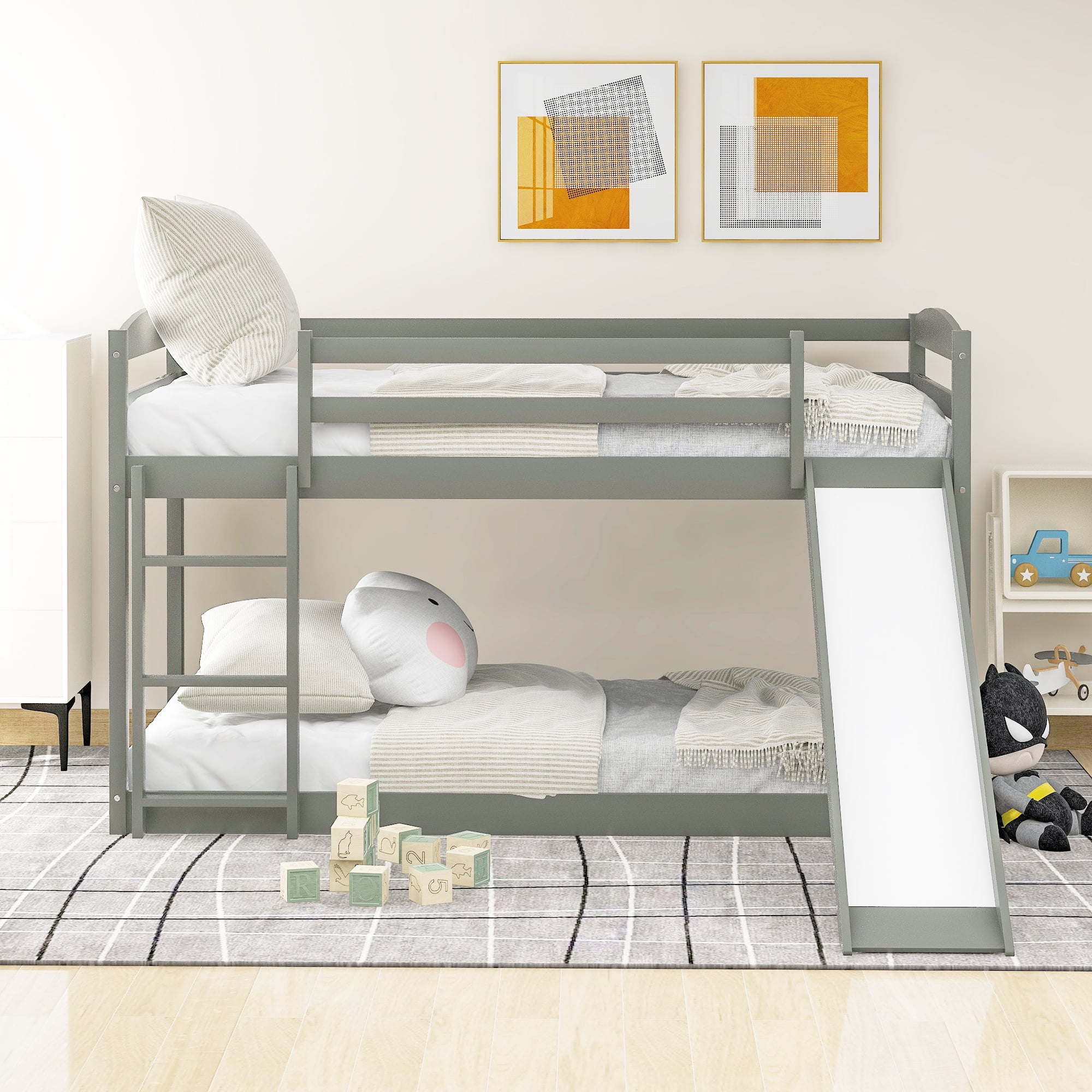 Aukfa Wood Bunk Bed for Kids, Twin Modern Low Bunk Bed with Ladder and